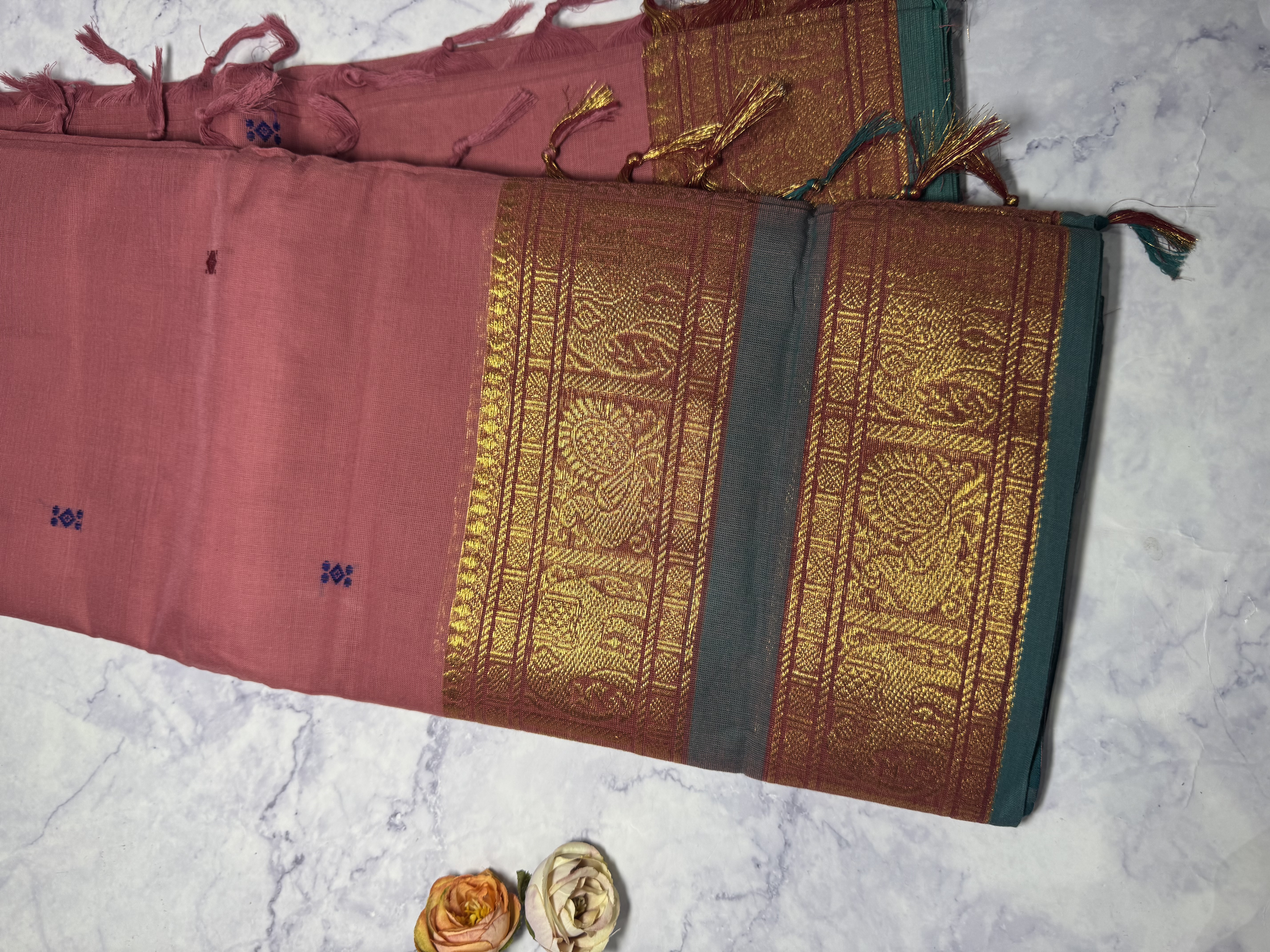 Pastel pink cotton saree with blue green border