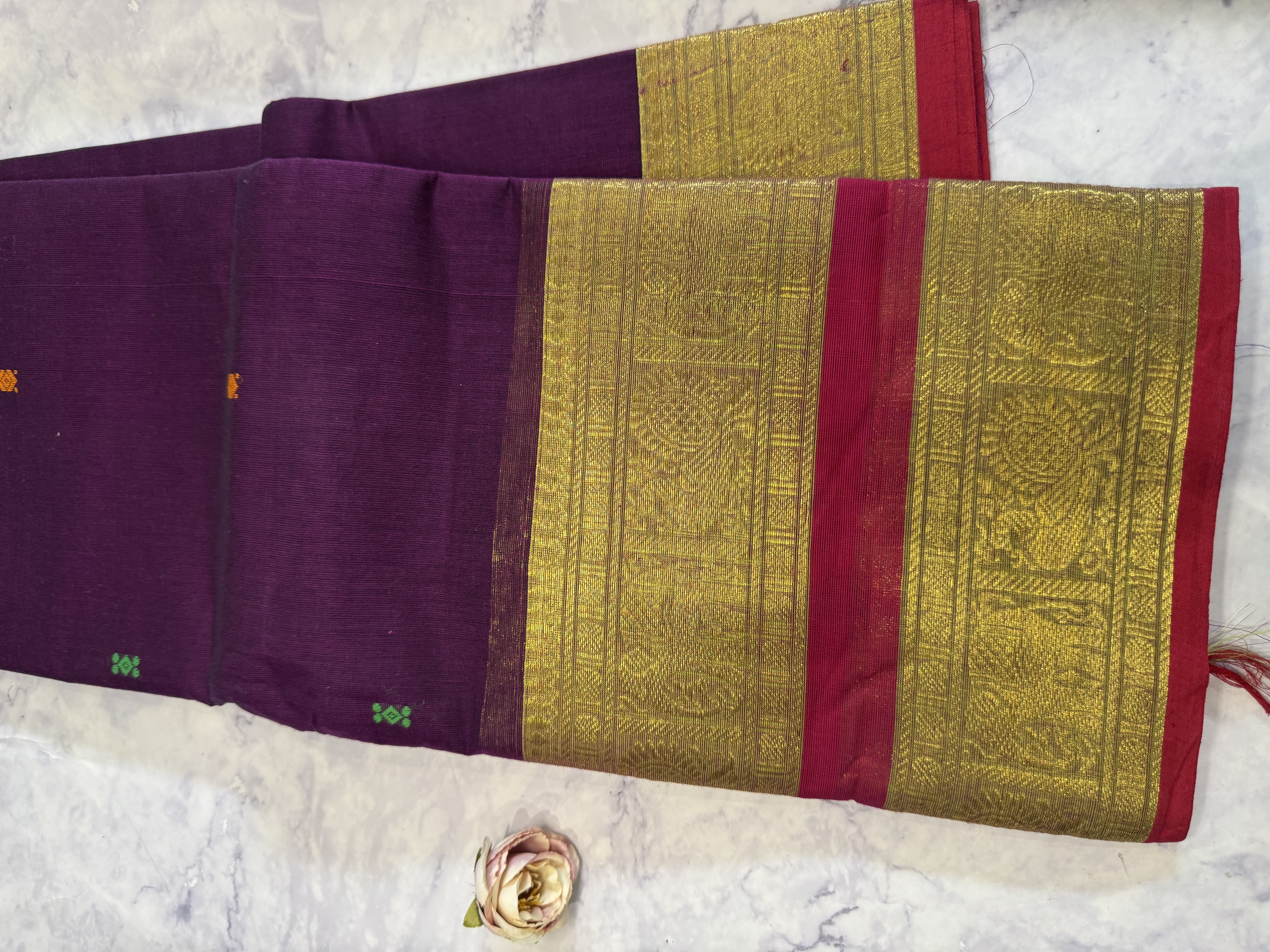 Dark purple cotton saree with red border