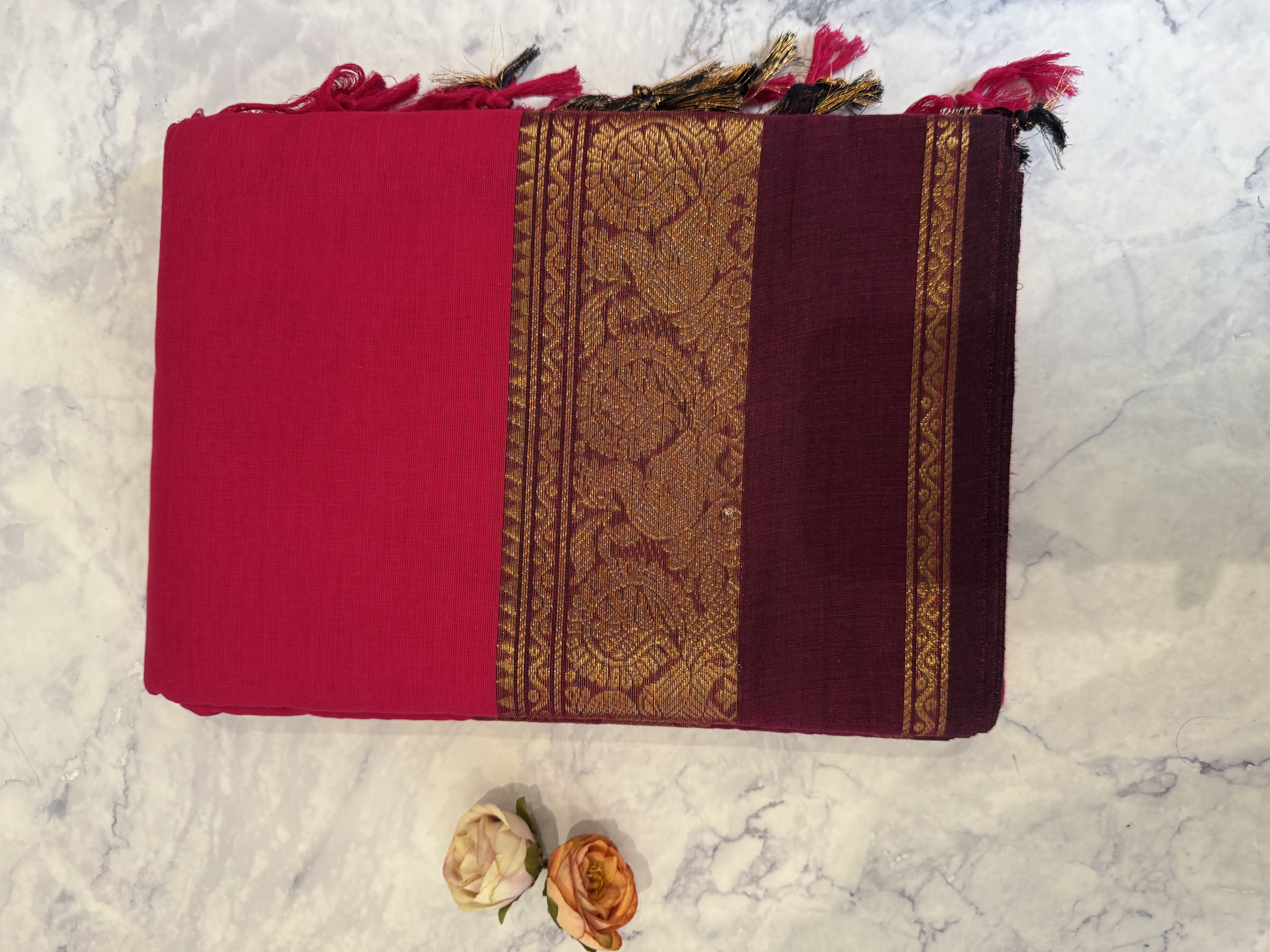 Hot pink cotton saree with plum gap border