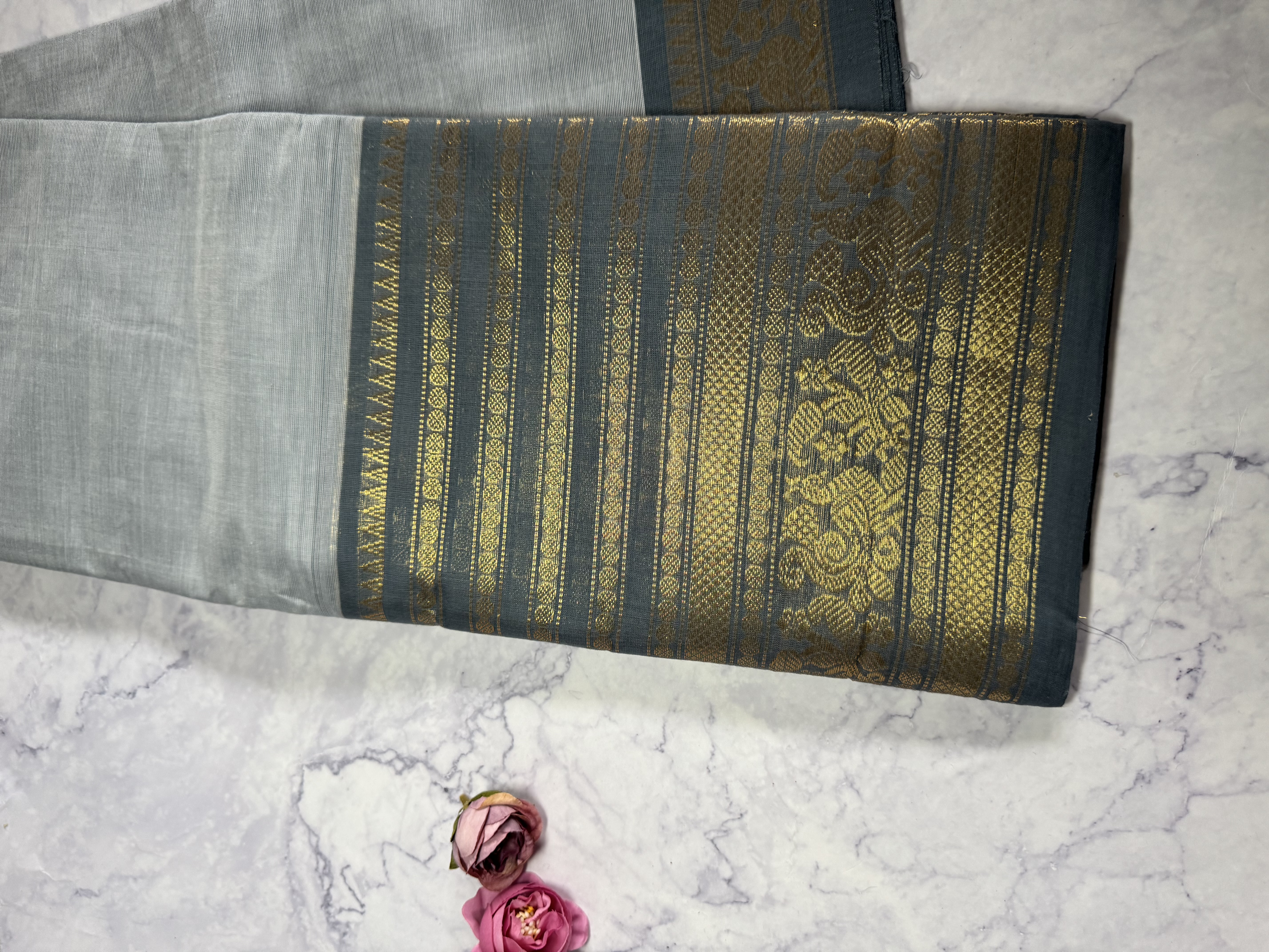 Grey cotton saree with blue grey border