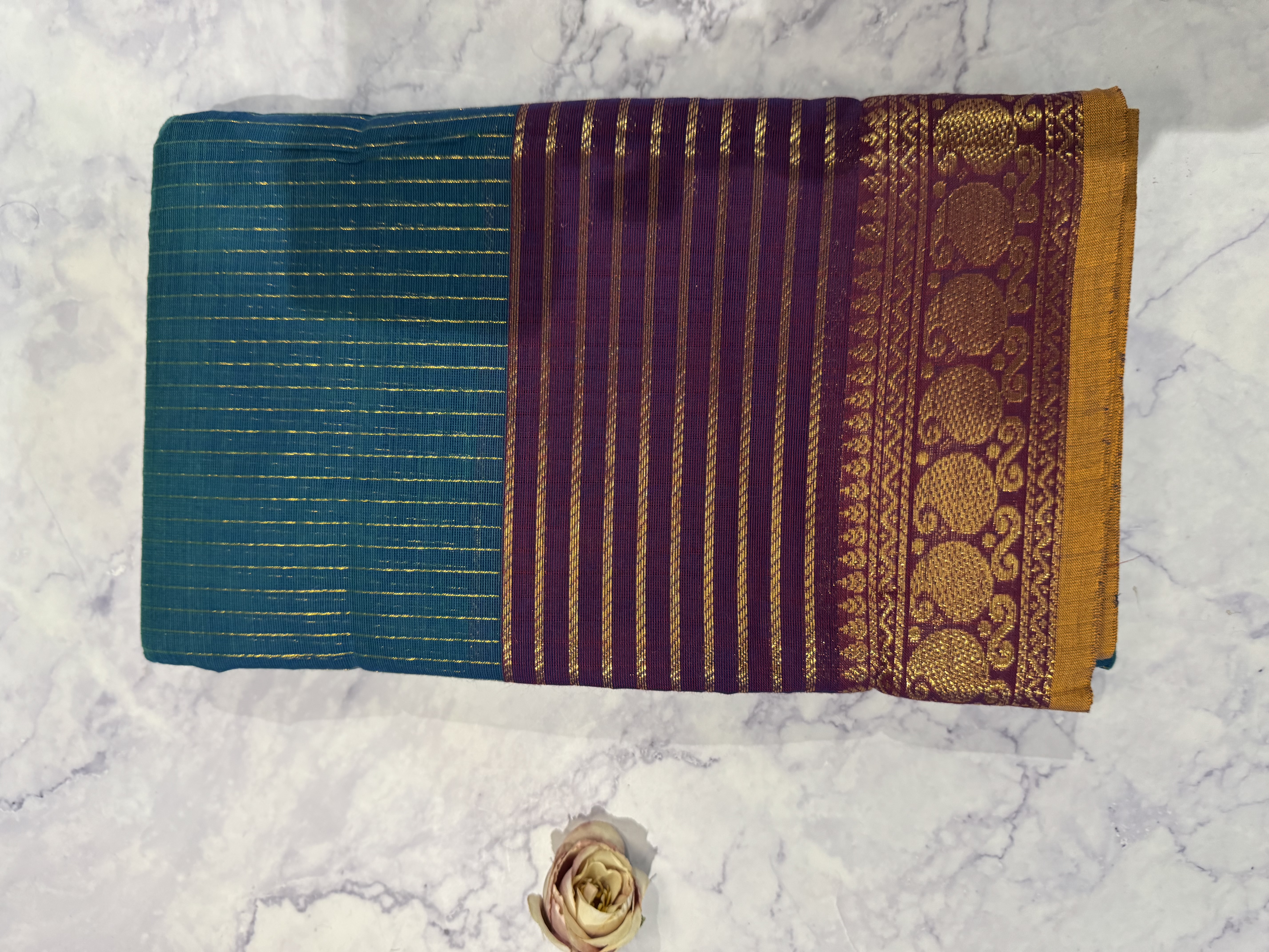 Teal blue vaira oosi cotton saree 