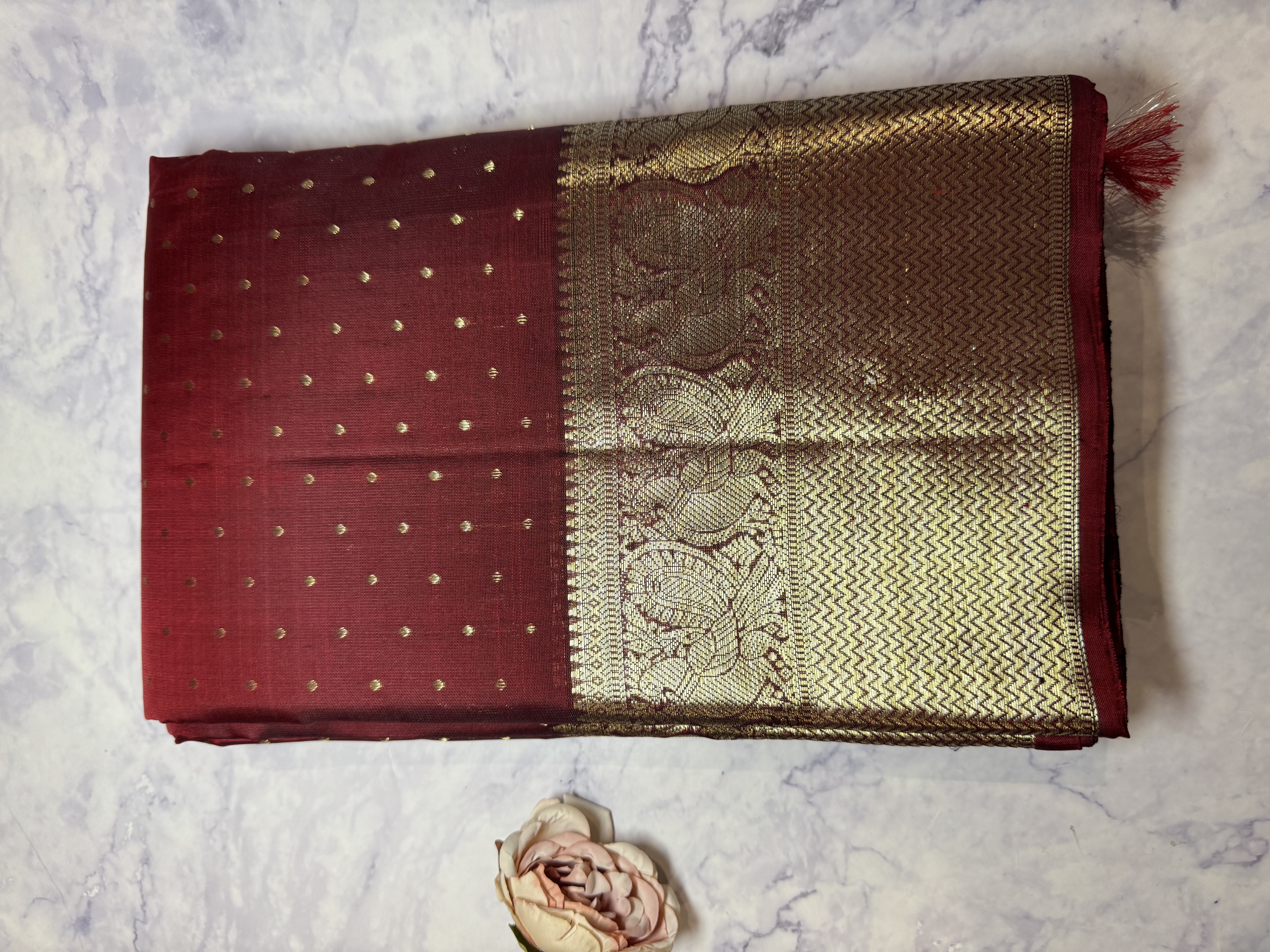 Pure silk berry red kanchipuram silk saree dot design