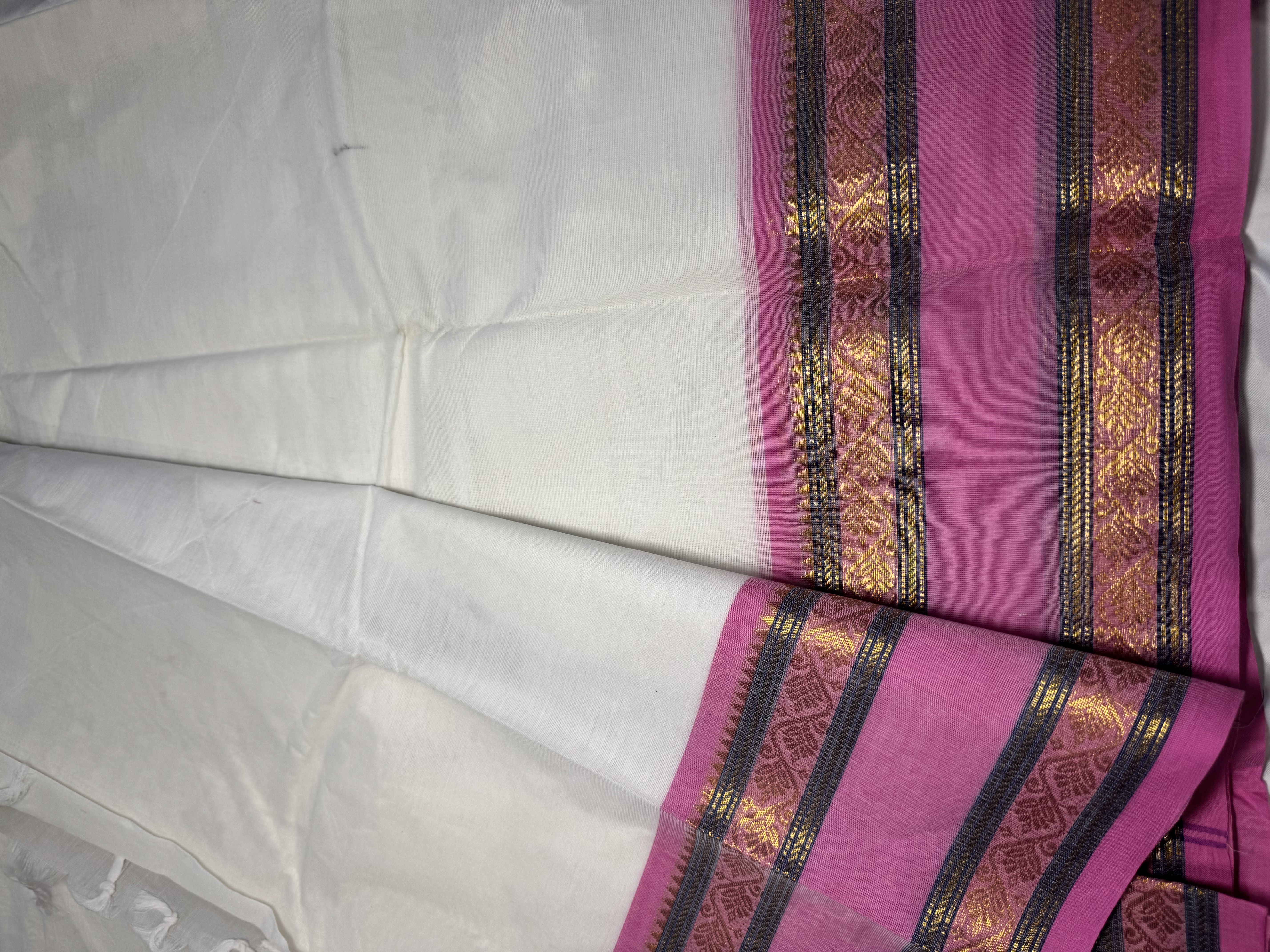 White and pink cotton saree