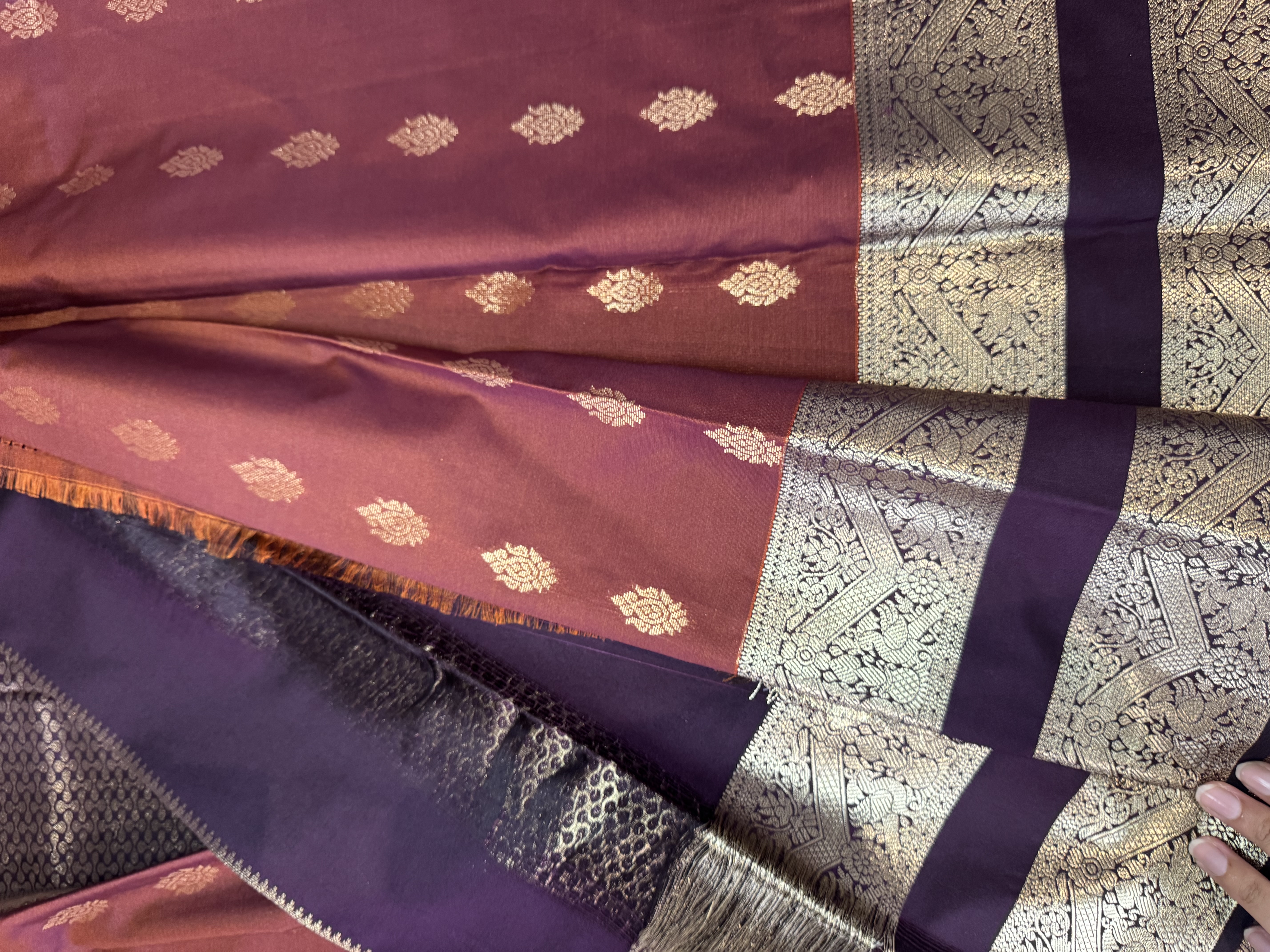 Medium brown semi silk with plum blouse