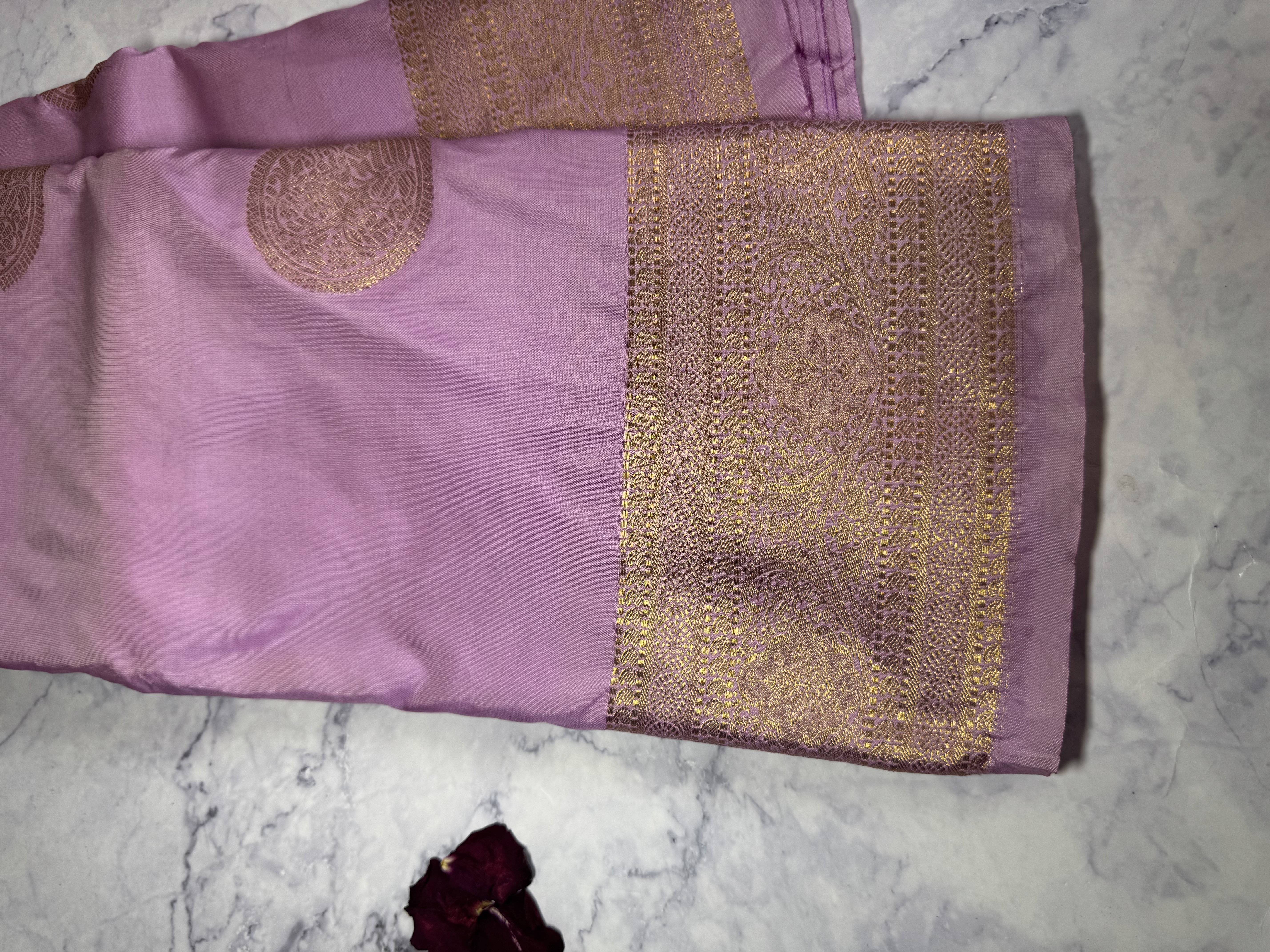 Baby pink semi silk saree with round buttas