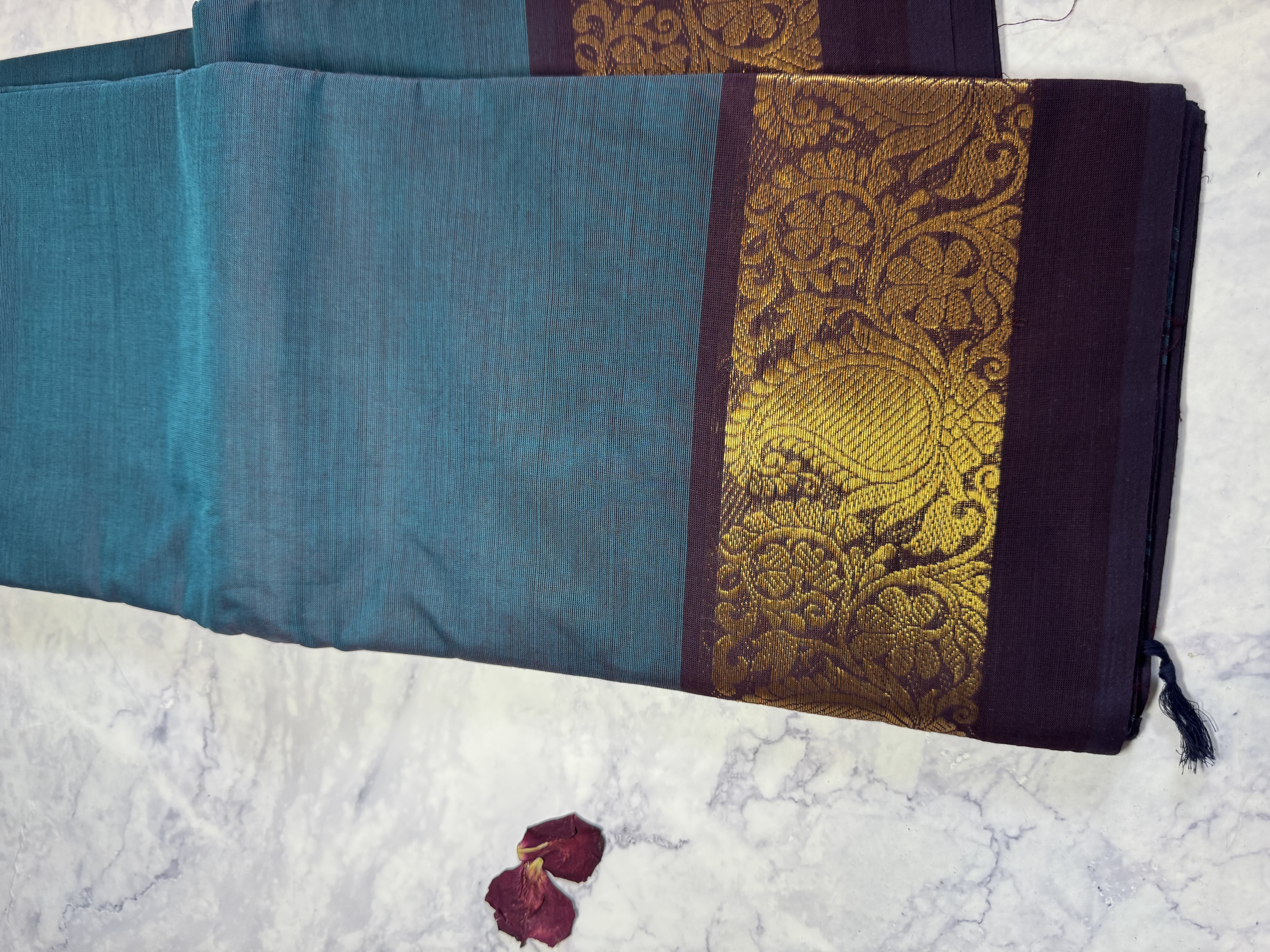 Teal cotton saree with navy border