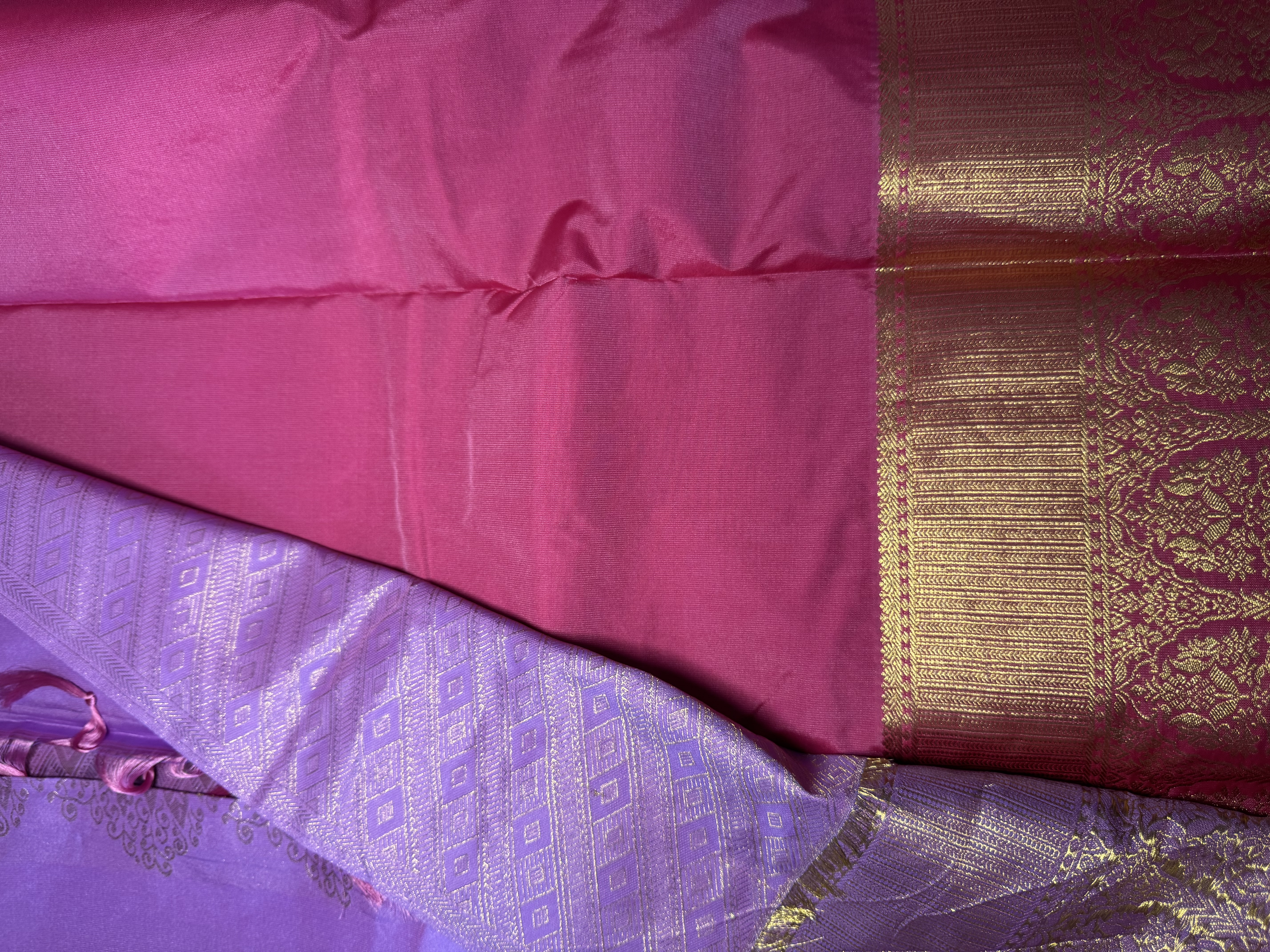 Lavender semi silk saree with pink blouse