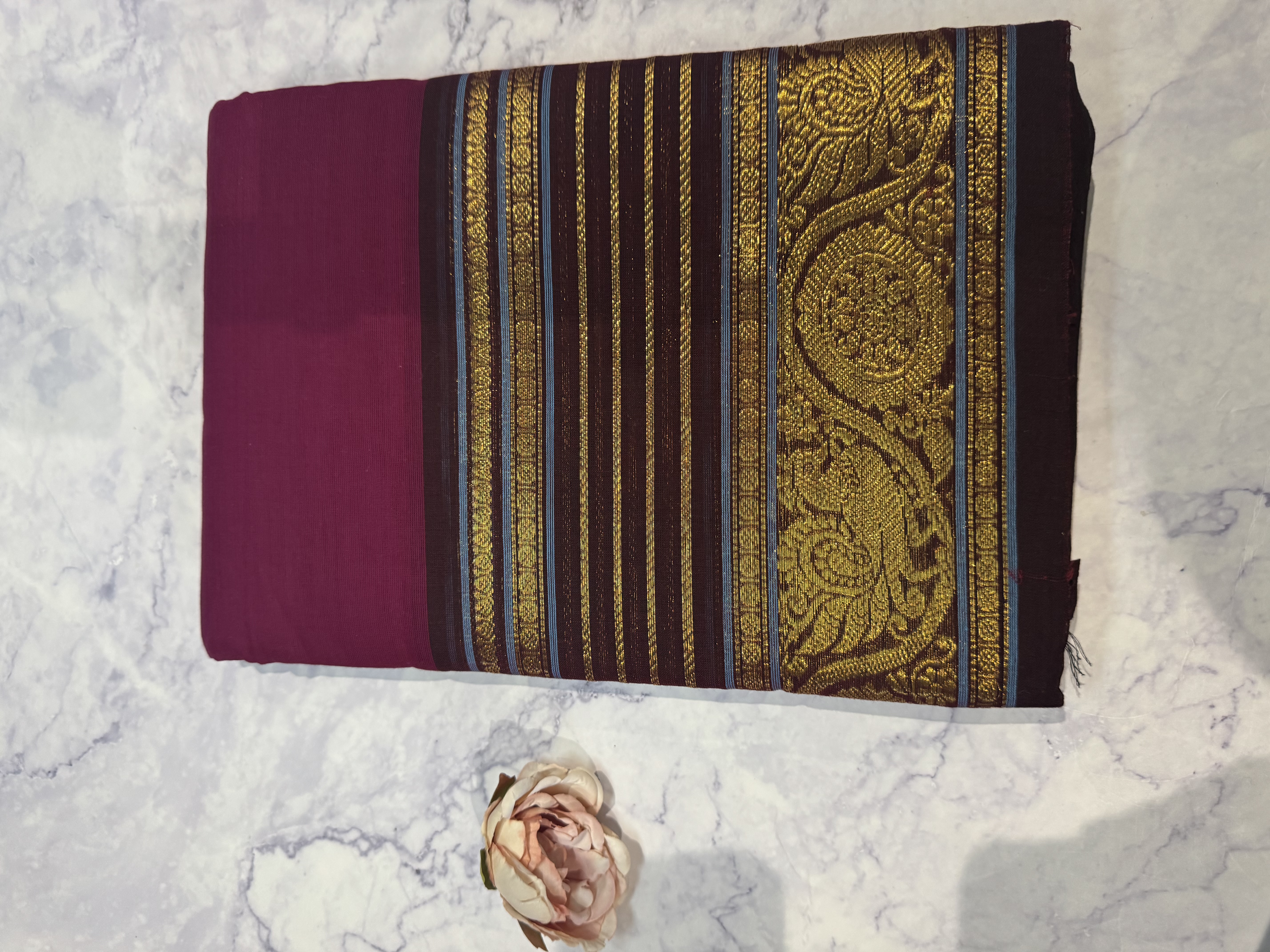 Berry pink cotton saree with black border