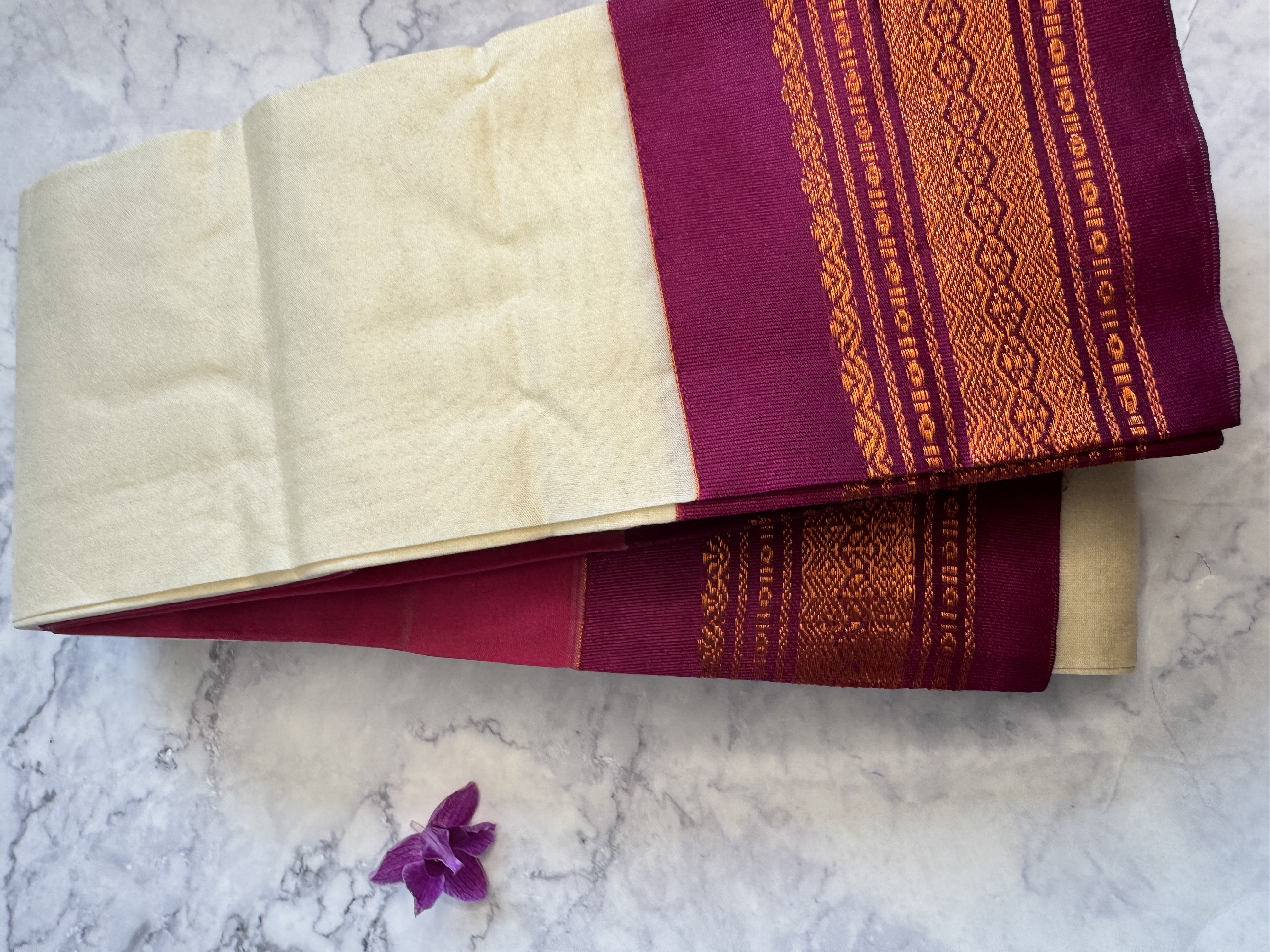 White cotton saree with purple border