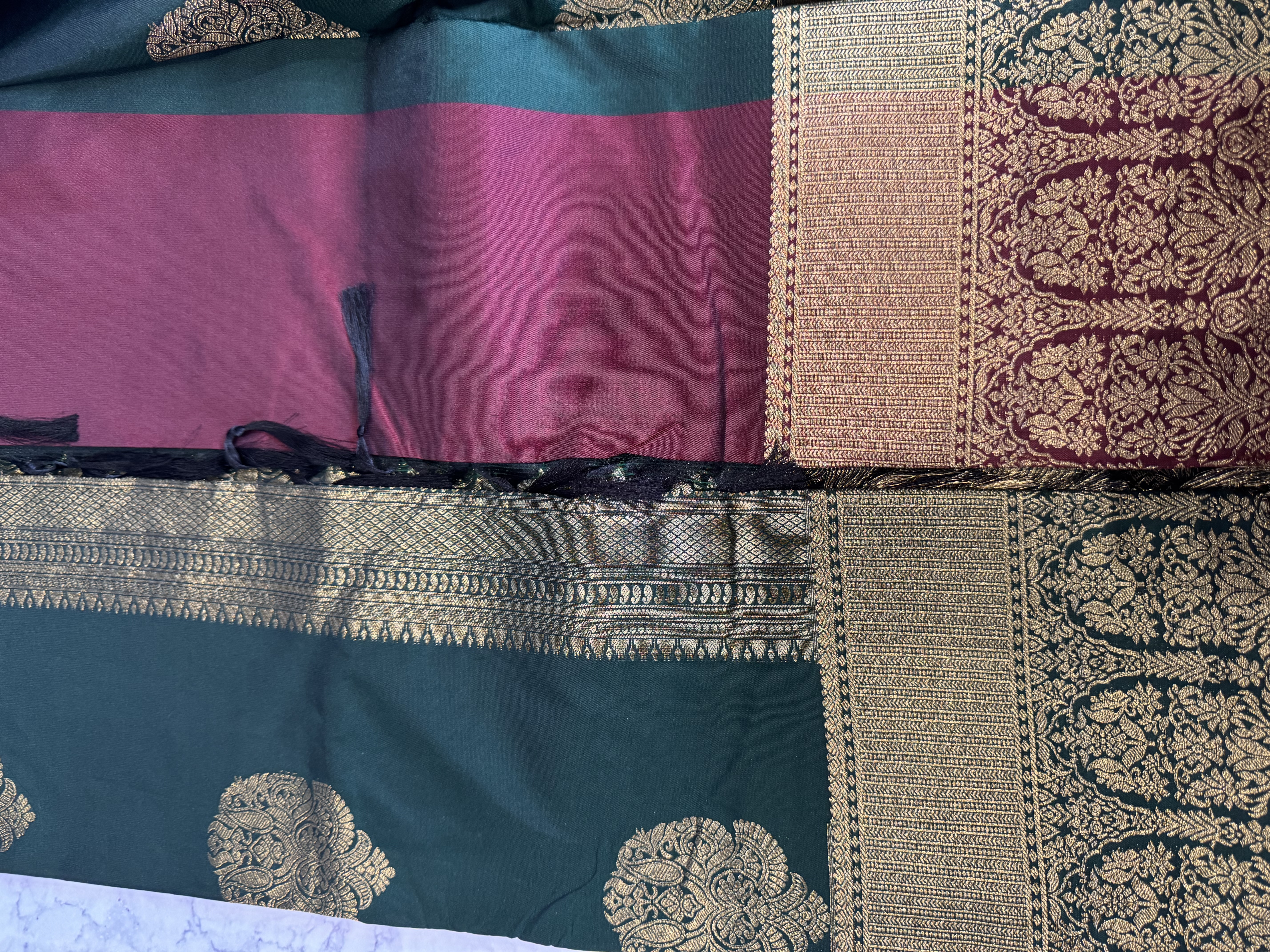 Emerald green semi silk saree with maroon blouse