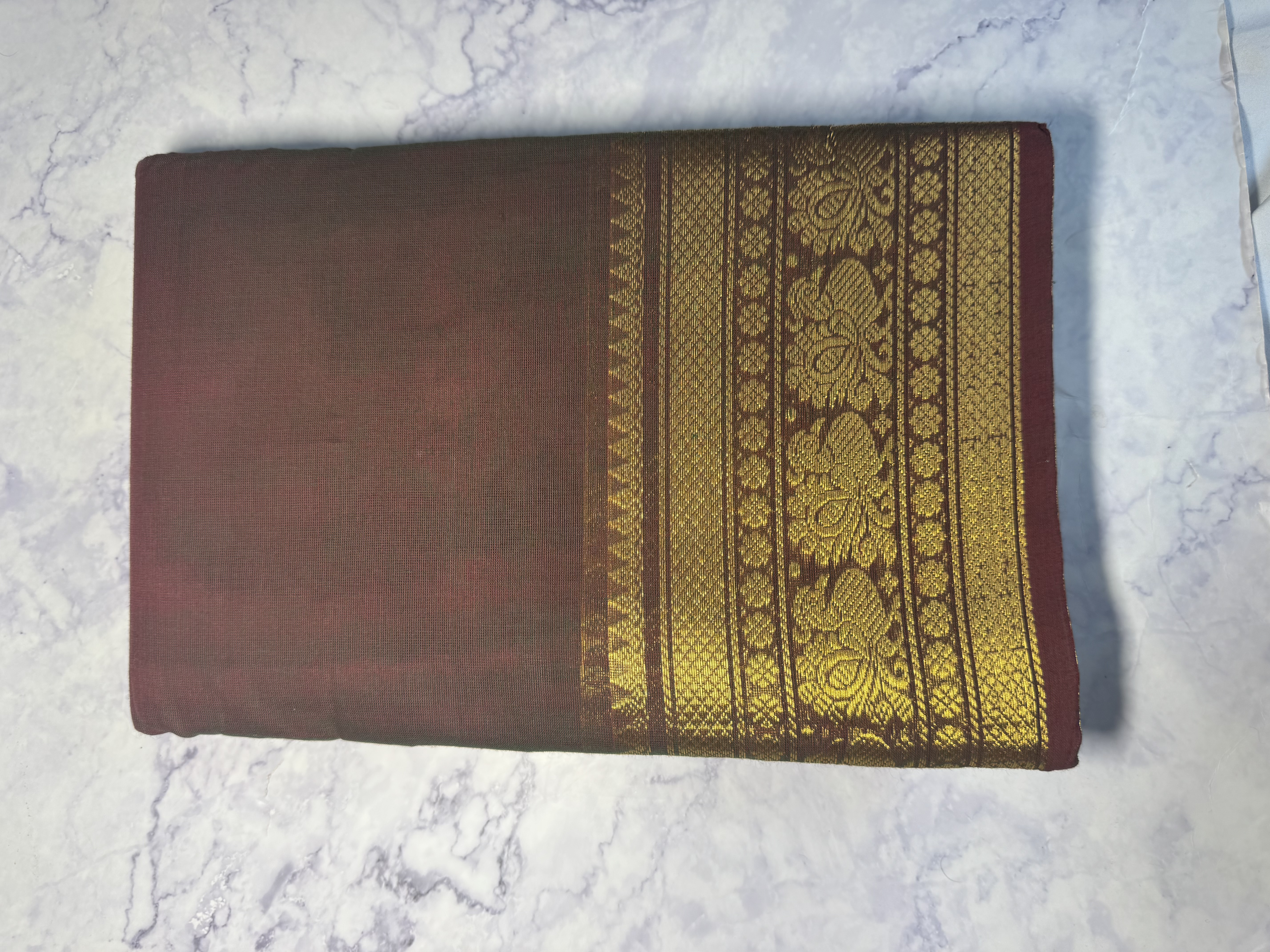 Dark maroon saree with green dual tone cotton
