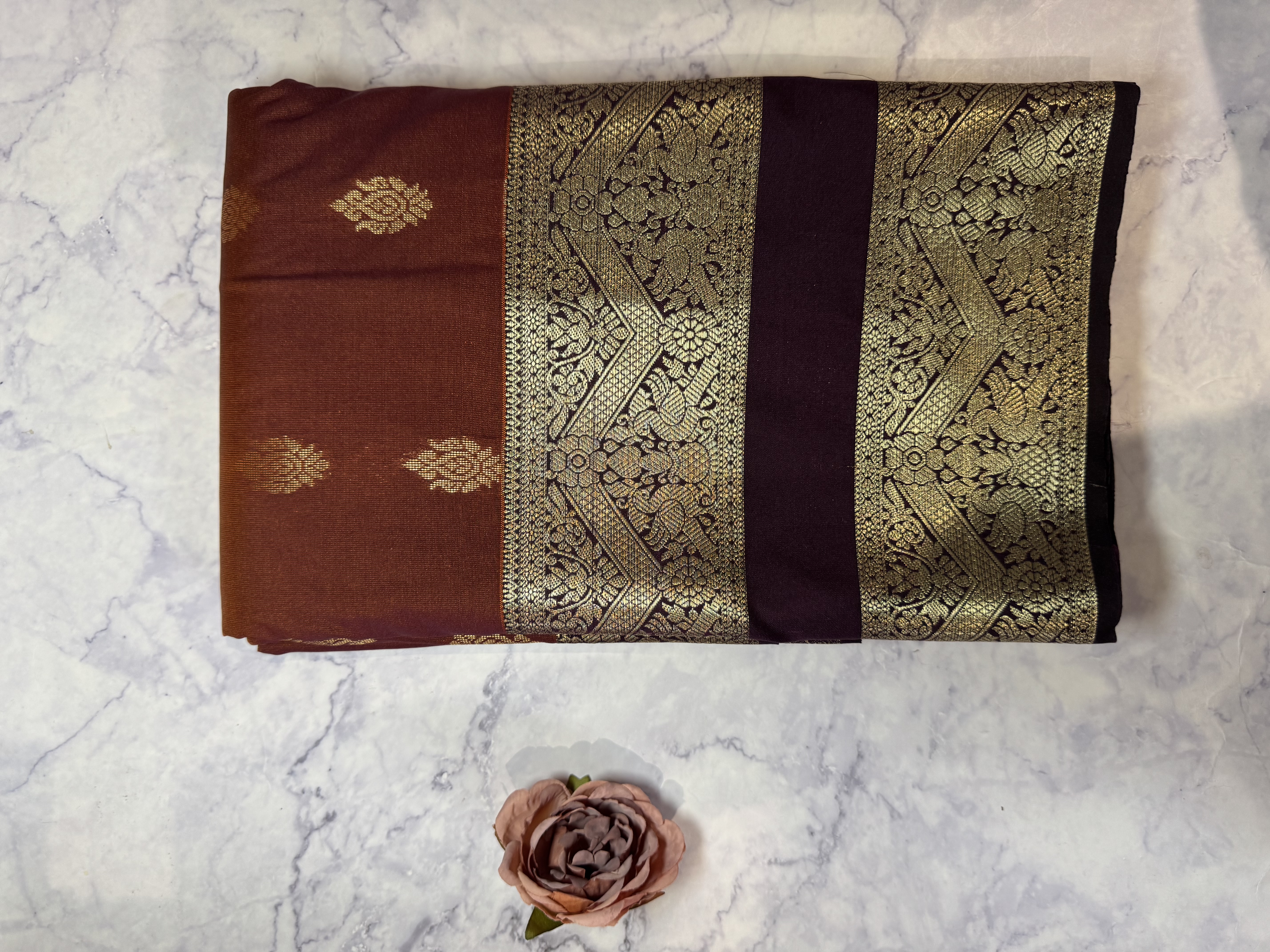 Medium brown semi silk with plum blouse