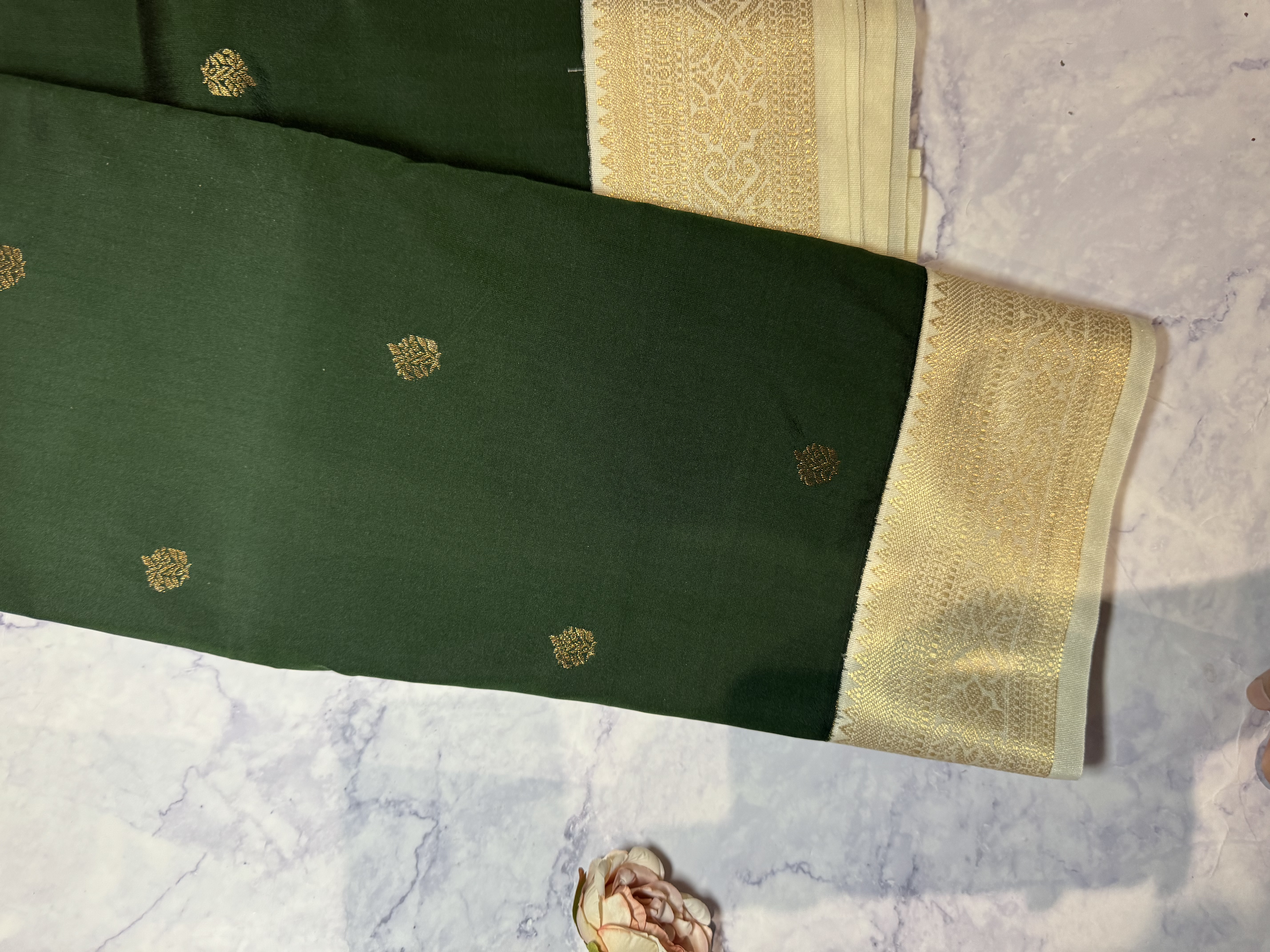 Forest green semi silk with cream blouse