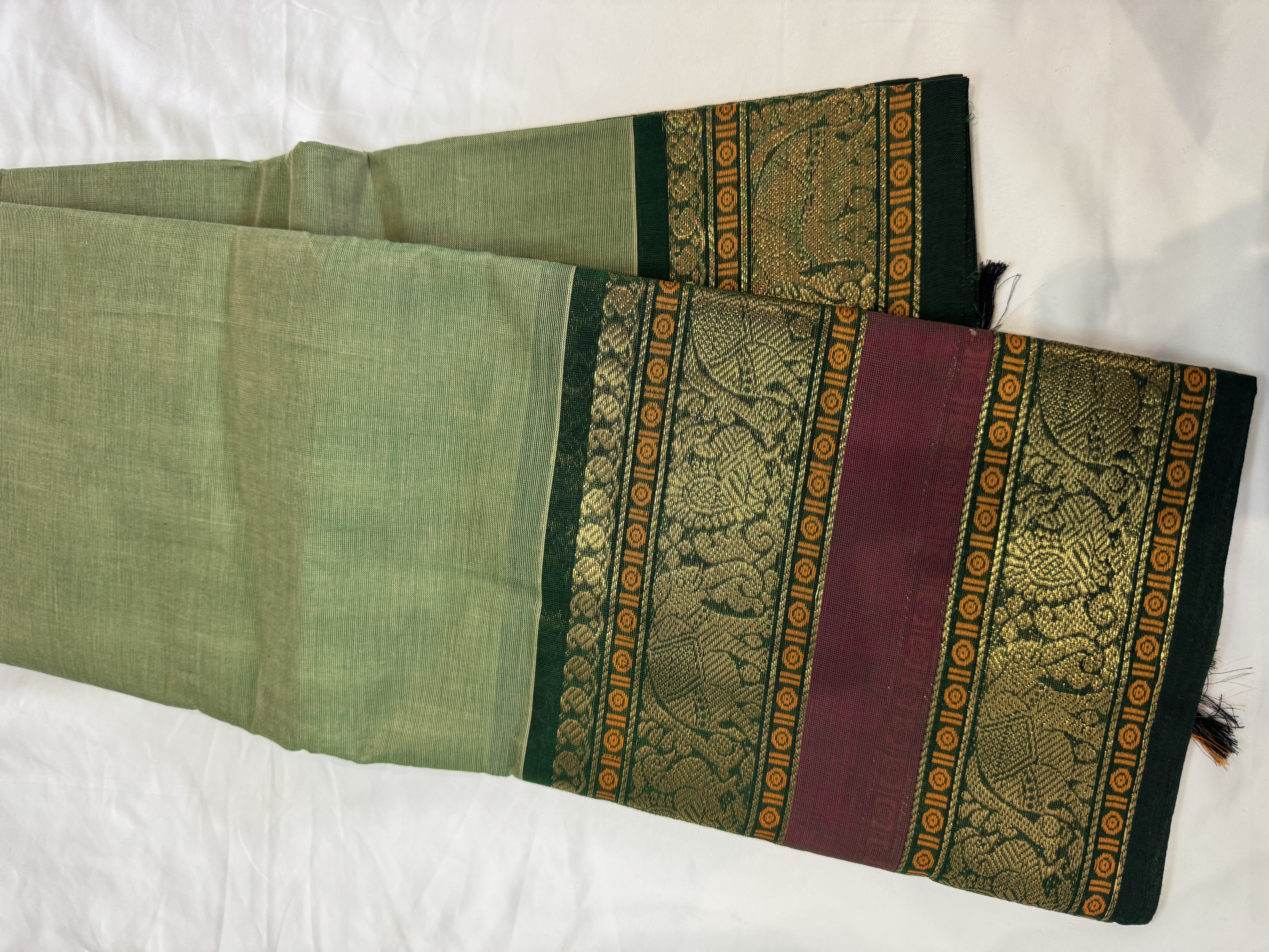Sage green cotton saree with red border