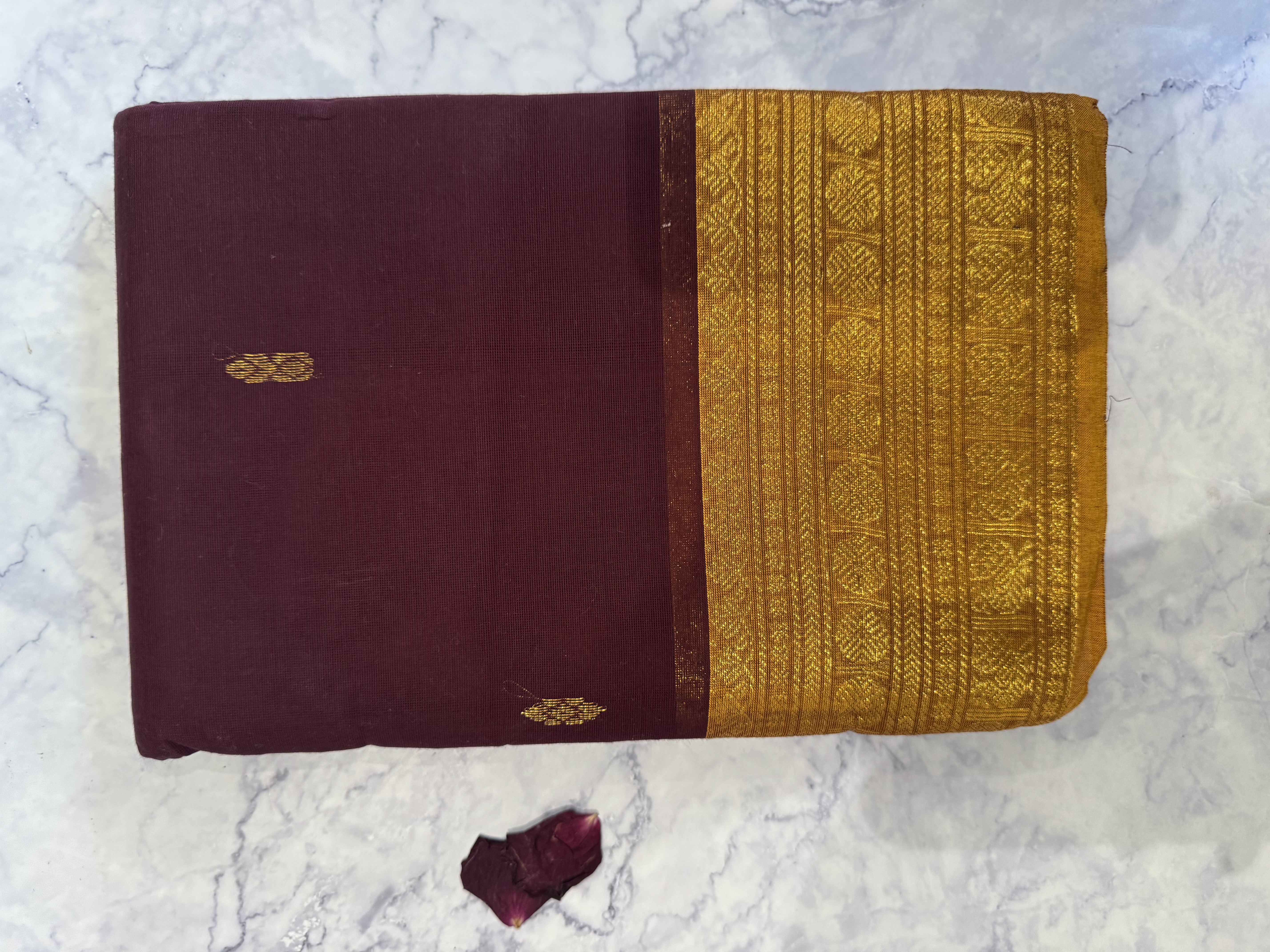 Dark brown cotton saree with yellow border