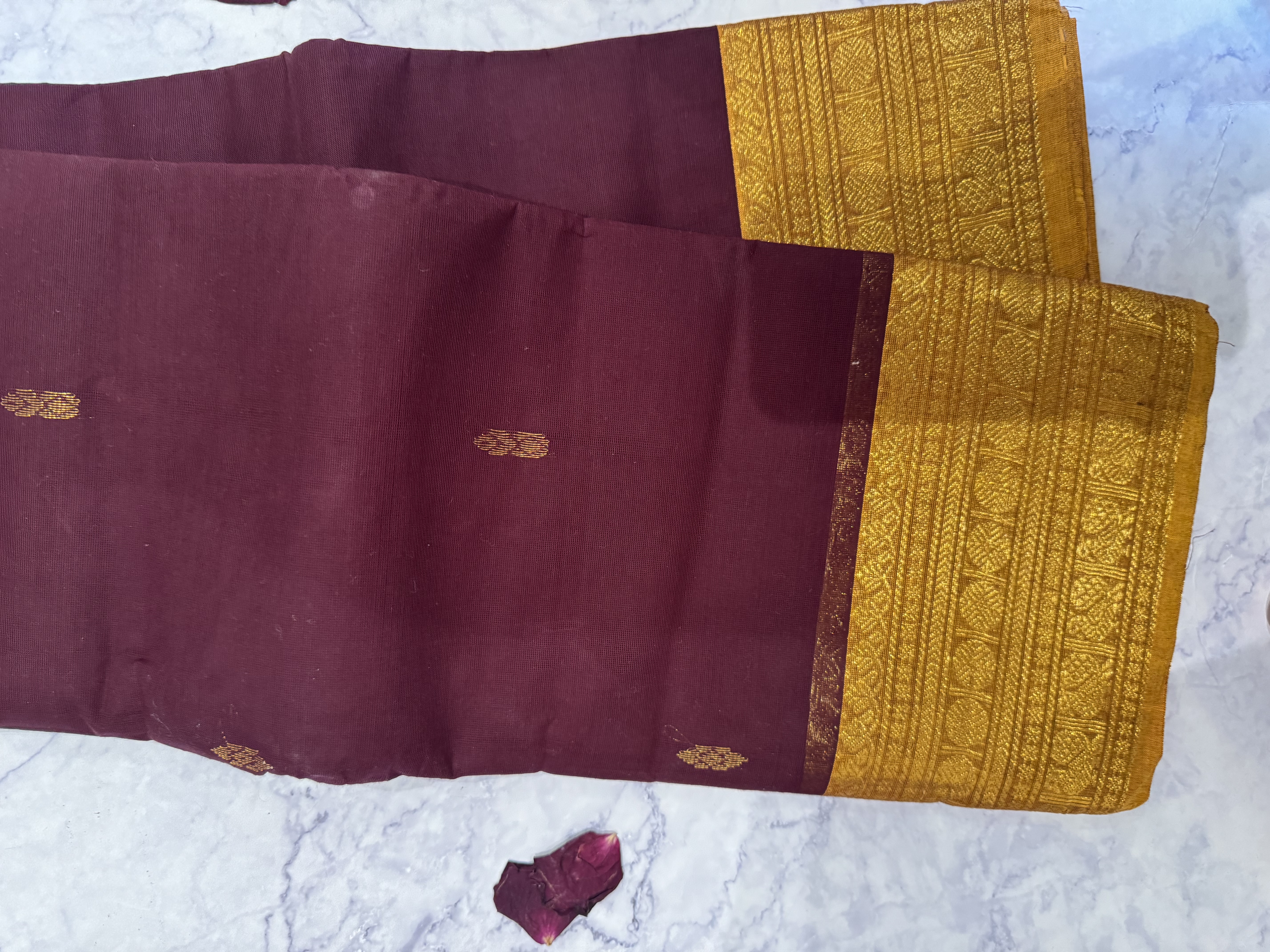 Dark brown cotton saree with yellow border