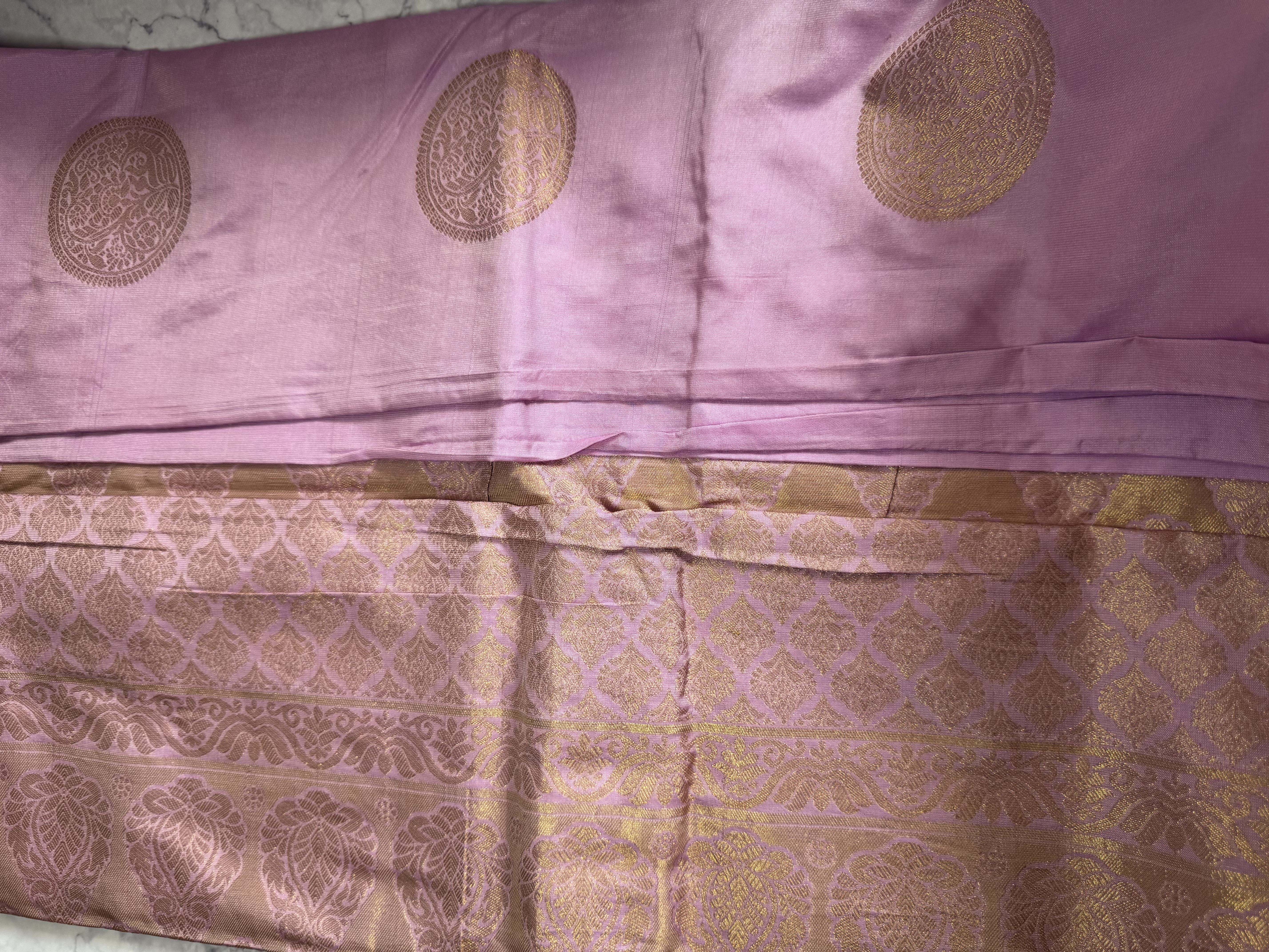 Baby pink semi silk saree with round buttas