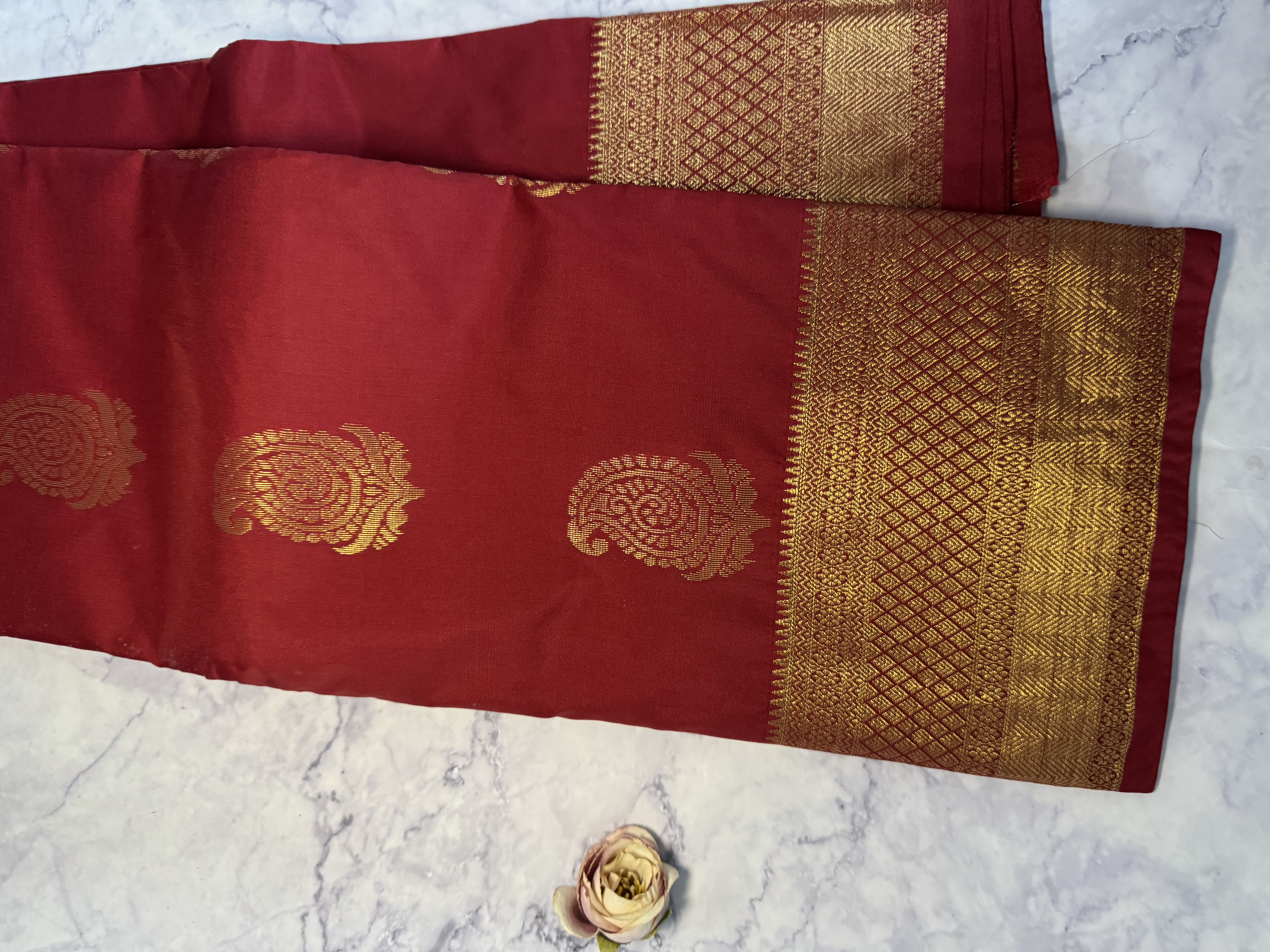Crimson red semi silk saree with gold zari