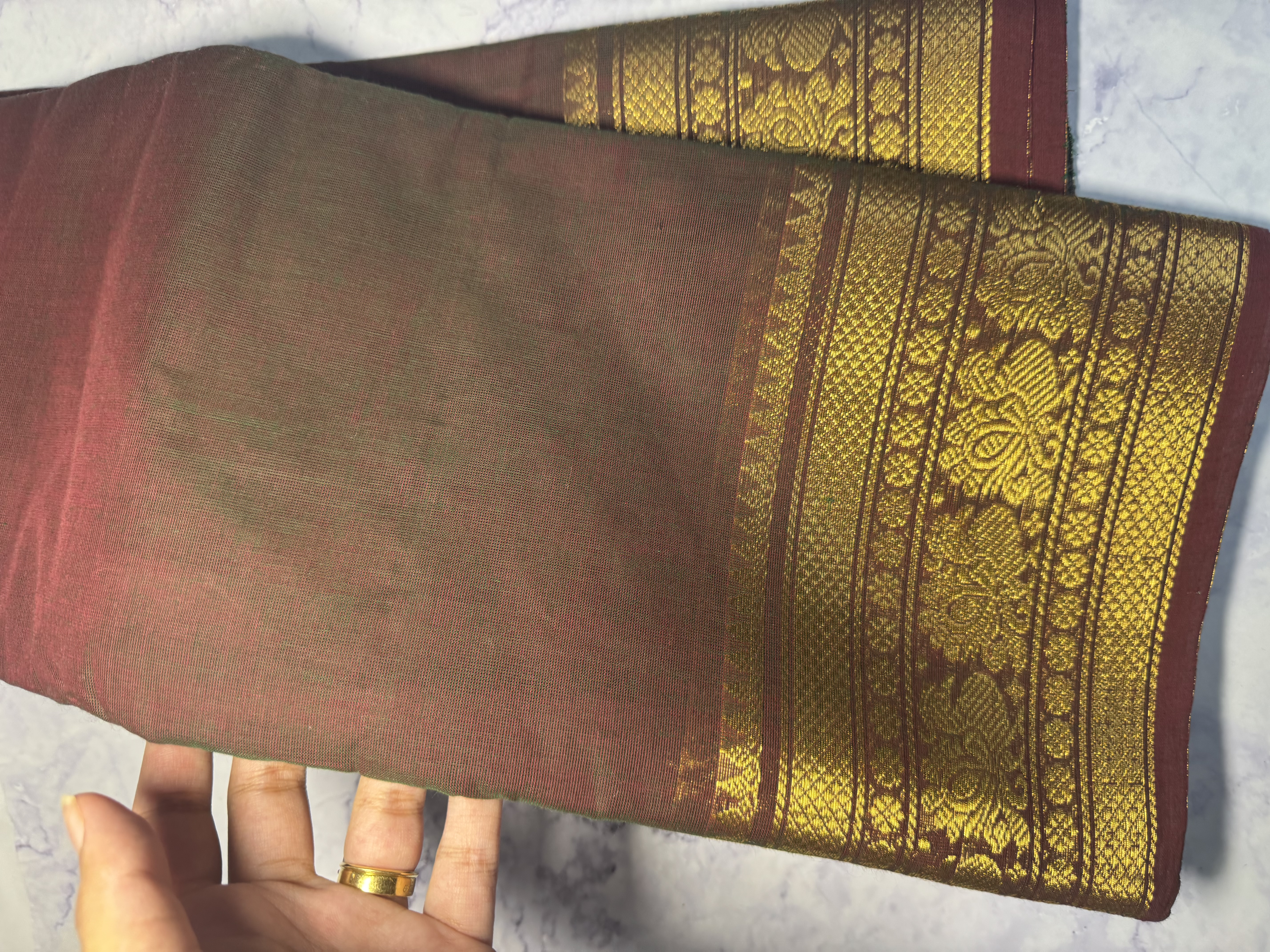 Dark maroon saree with green dual tone cotton