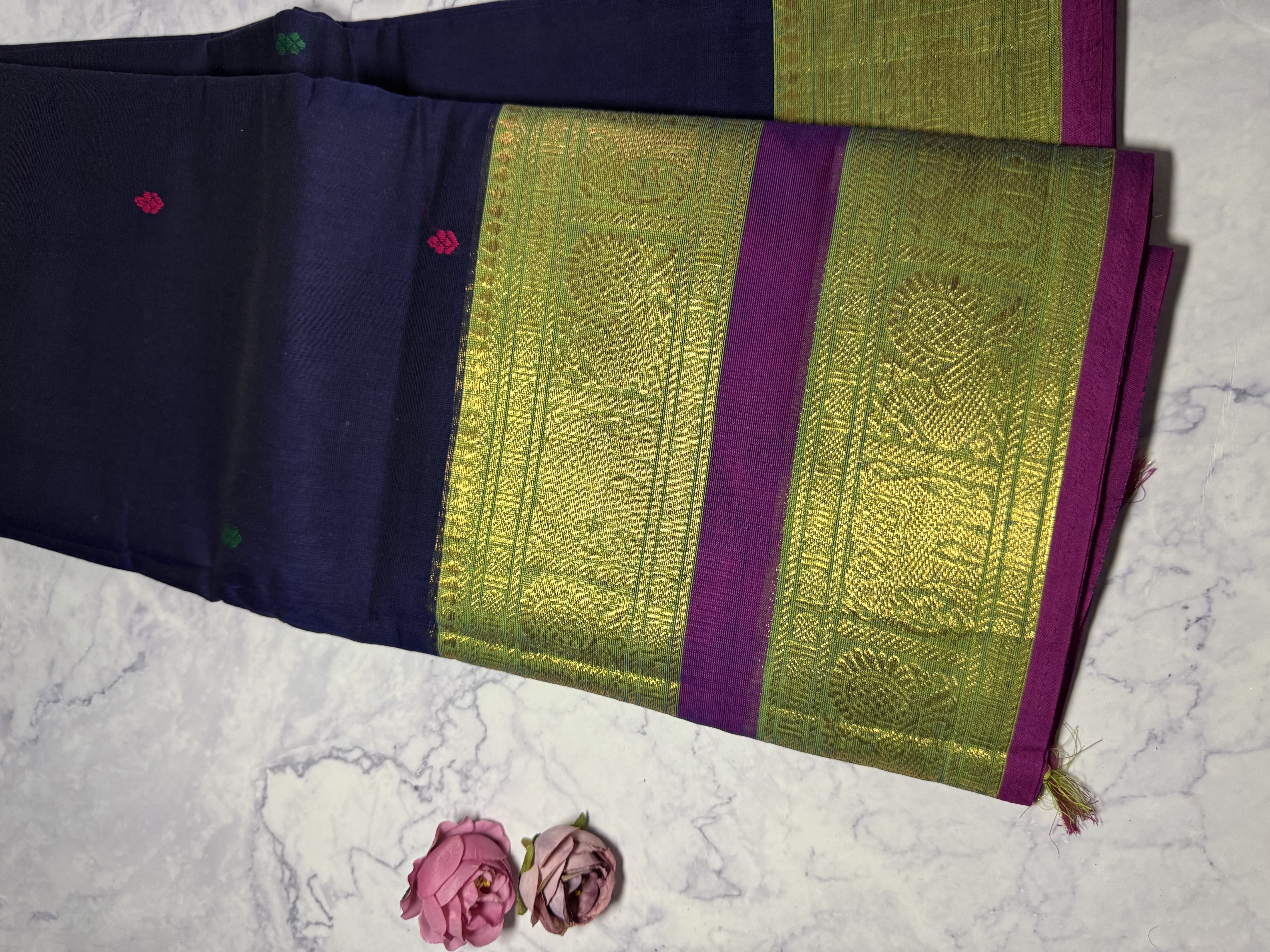 Navy blue cotton saree with purple border