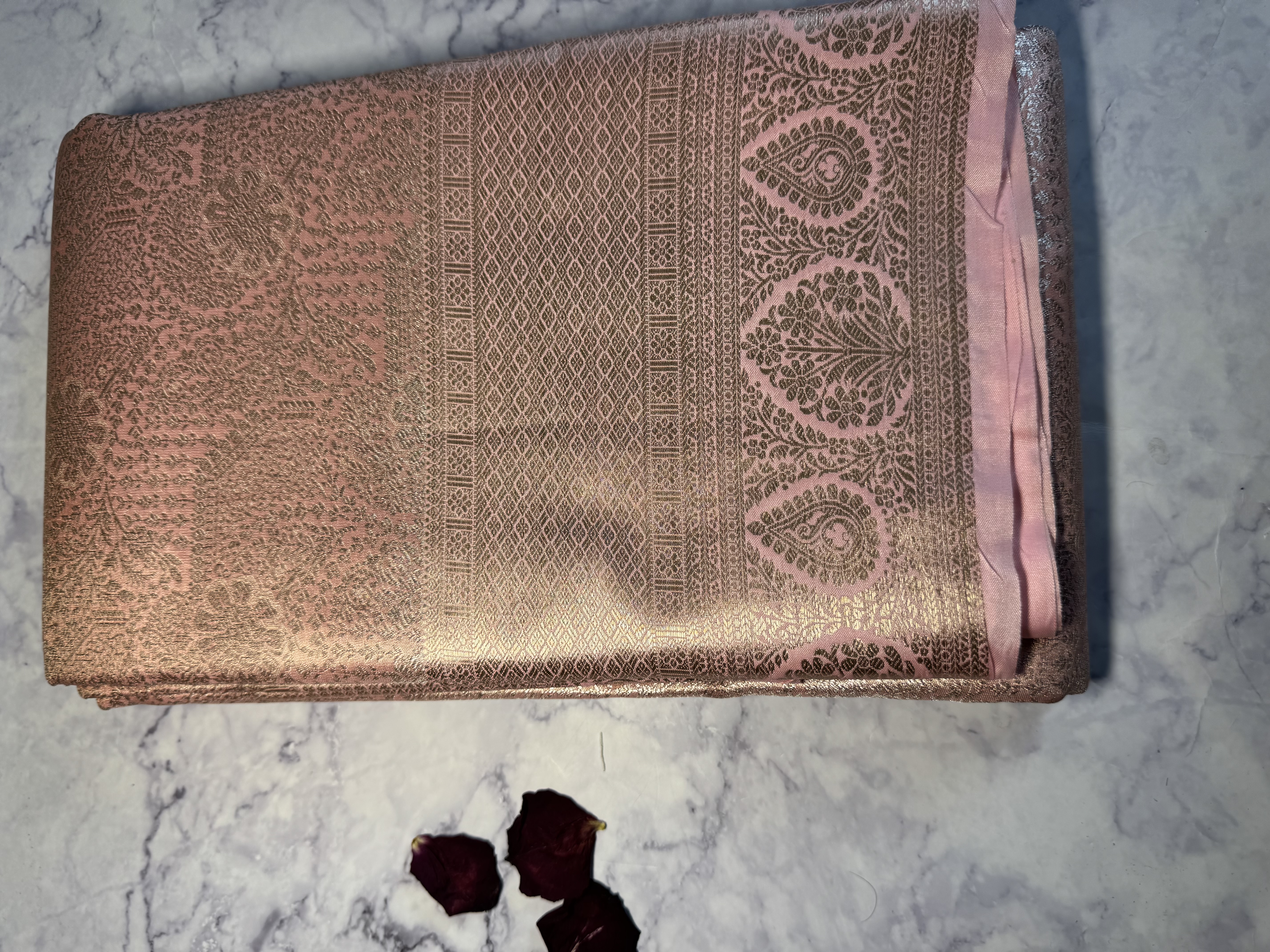 Peach tissue silk saree with silver zari