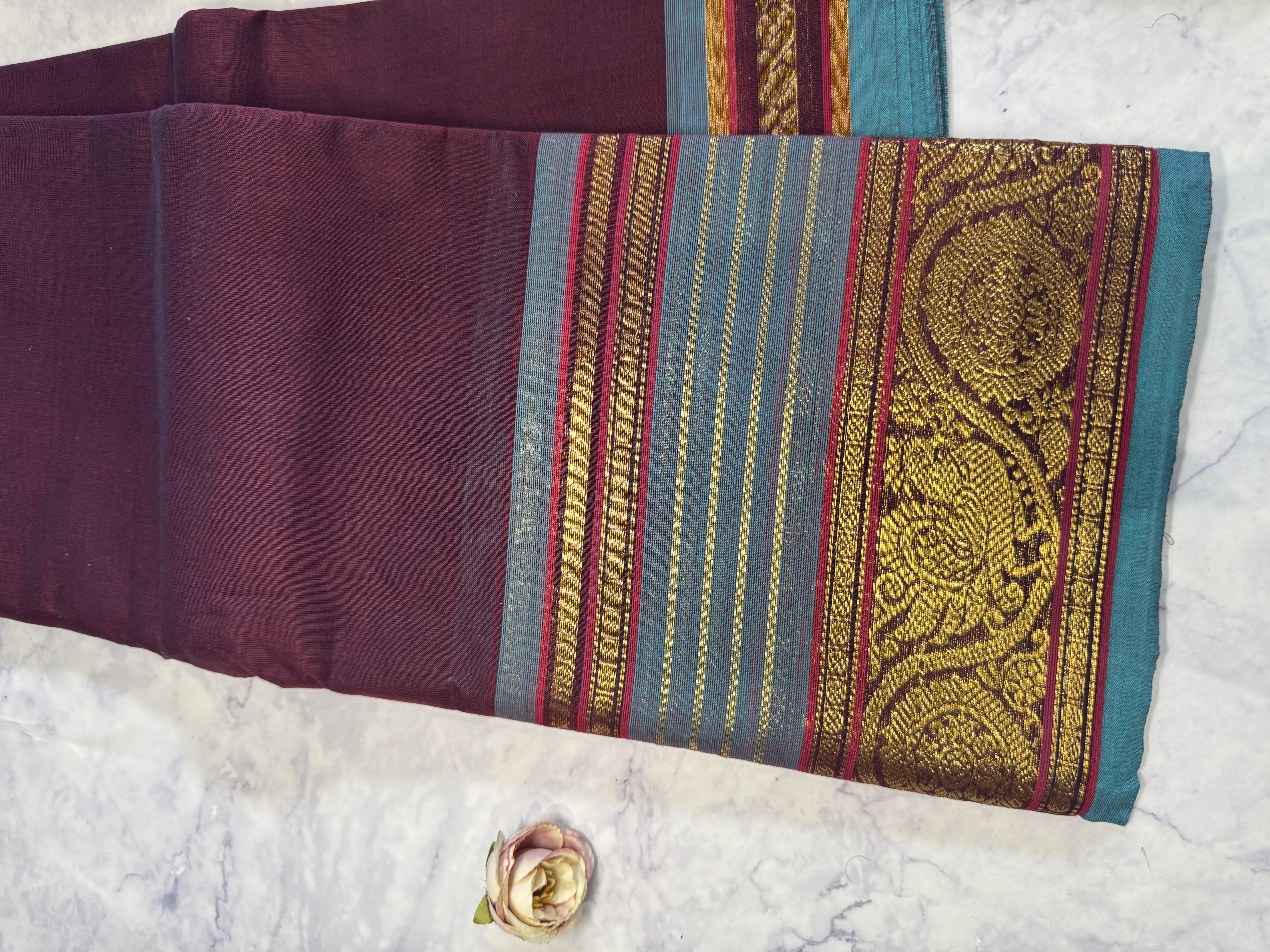 Dark purple cotton saree with blue border