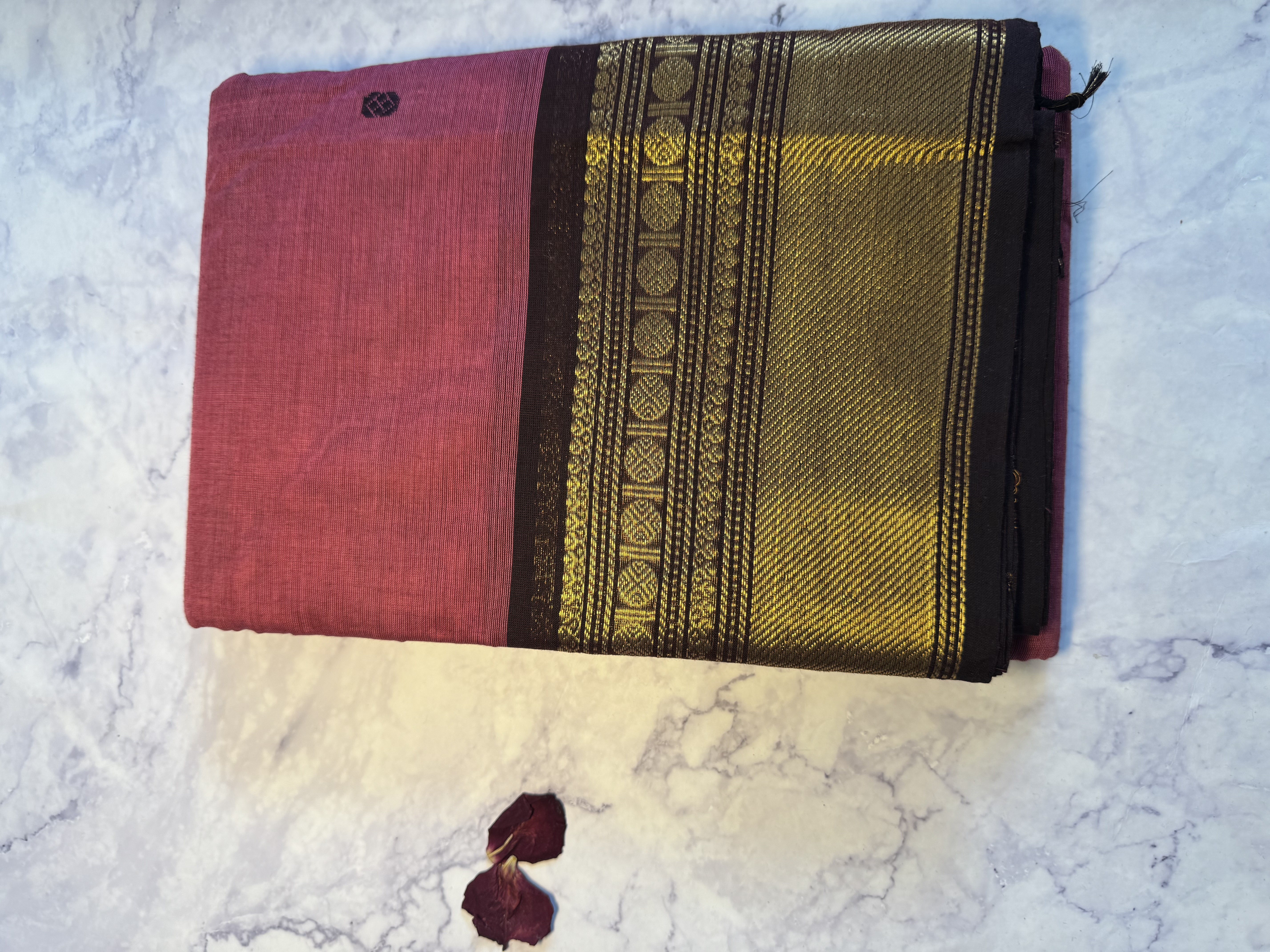 Pastel pink cotton saree with brown border