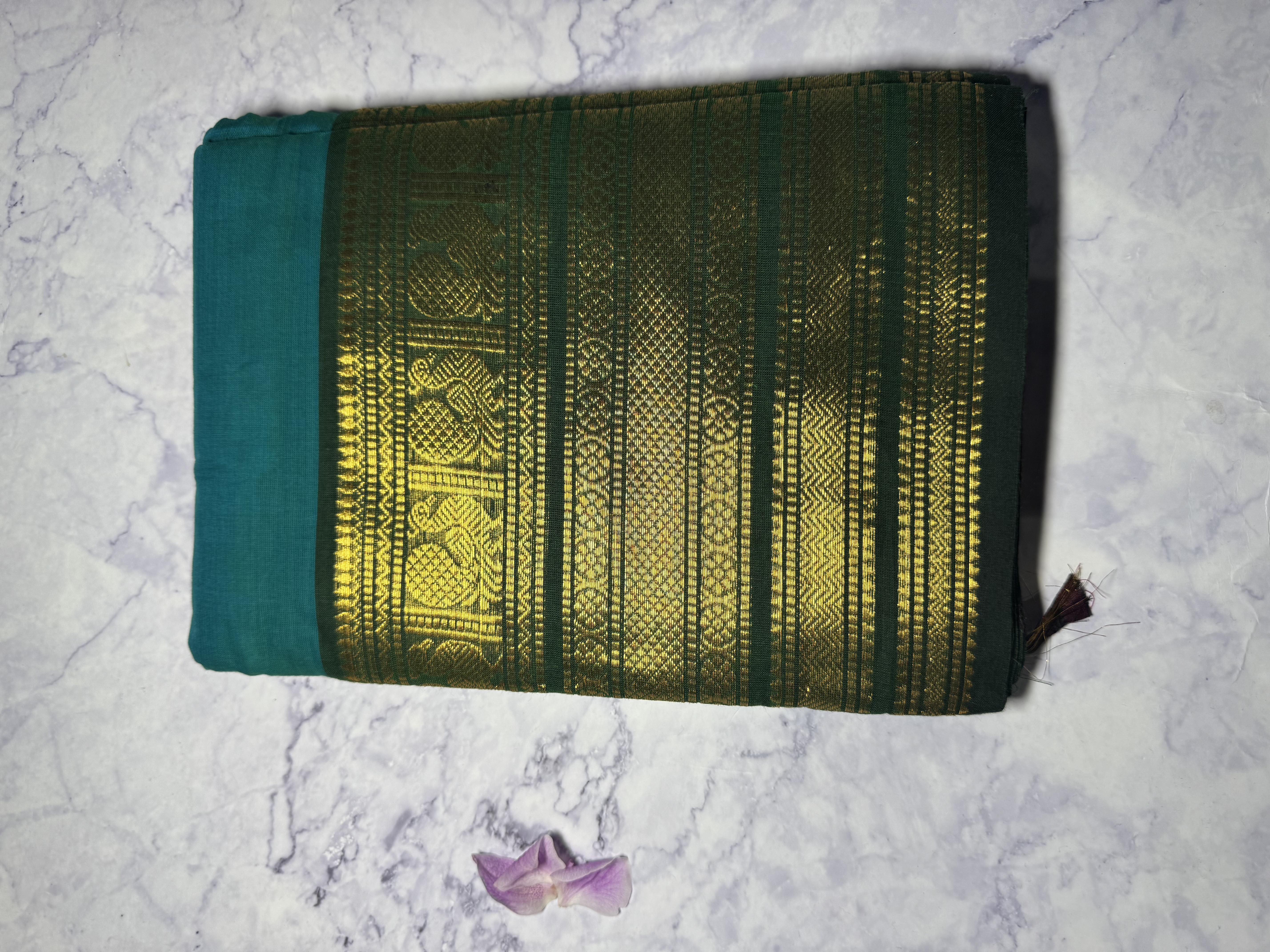 Teal green cotton saree with forest green border