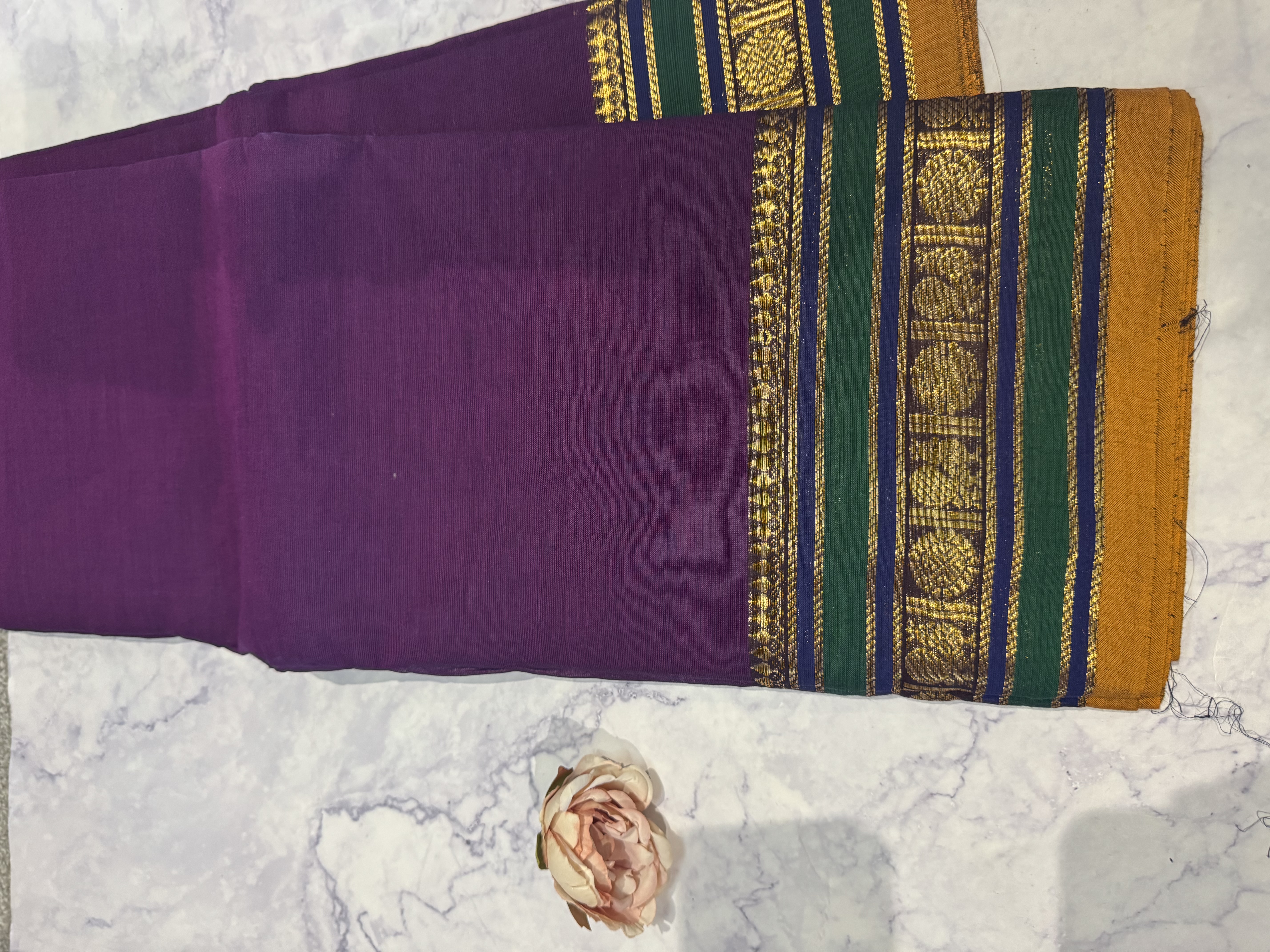 Purple cotton saree with green and yellow border