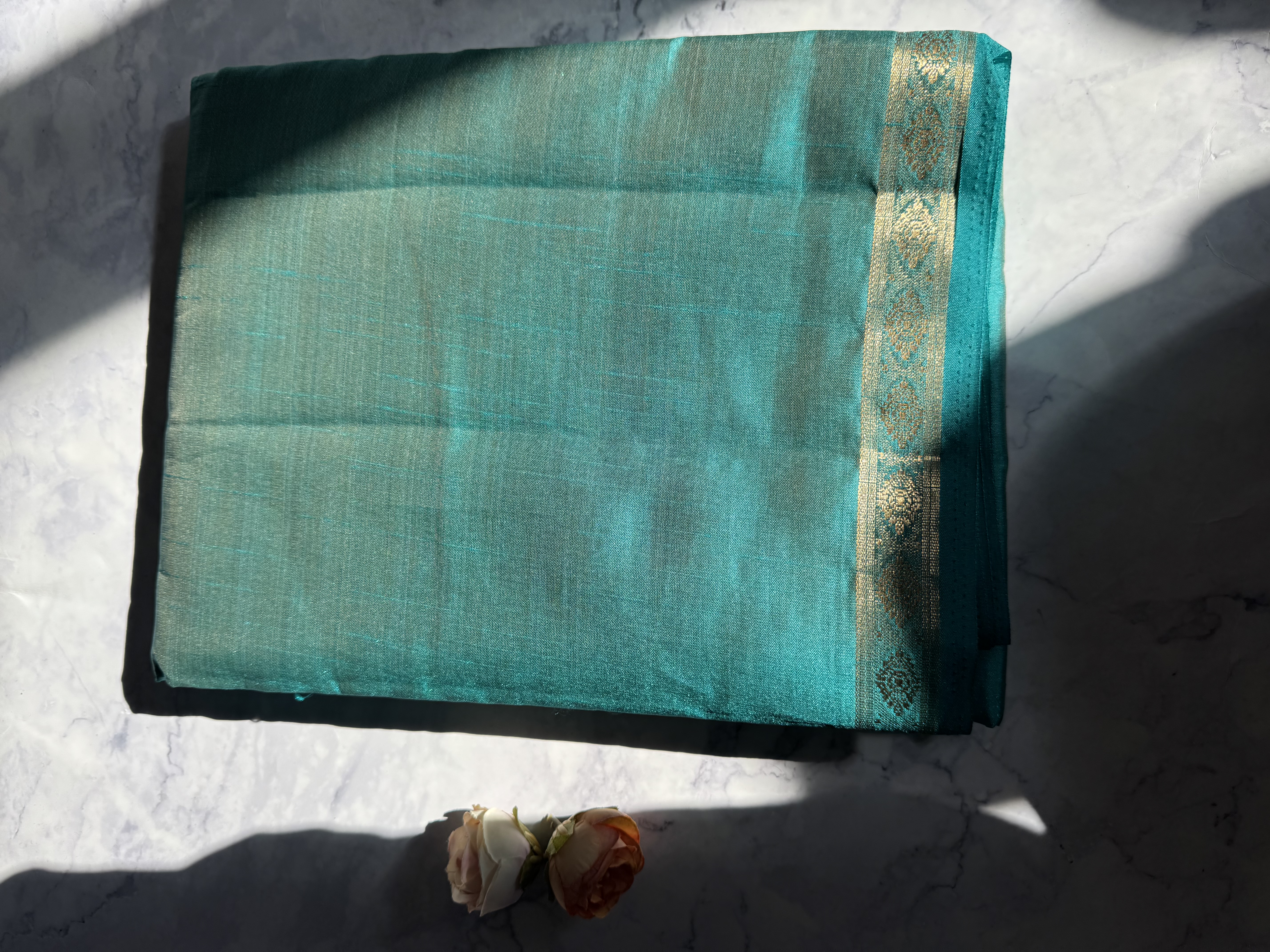 Teal blue mango silk saree with thin border