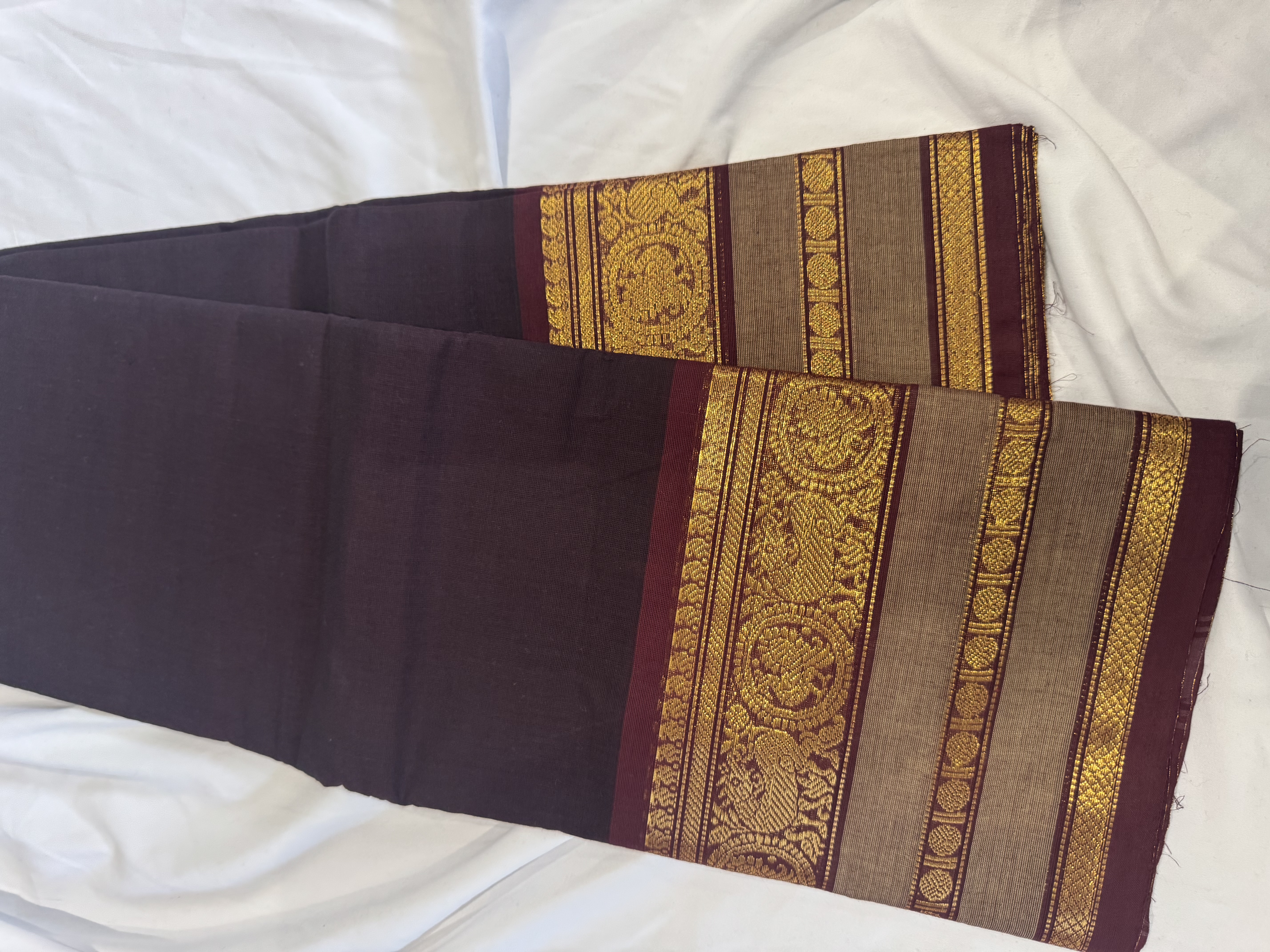 Brown cotton saree with grey gap border