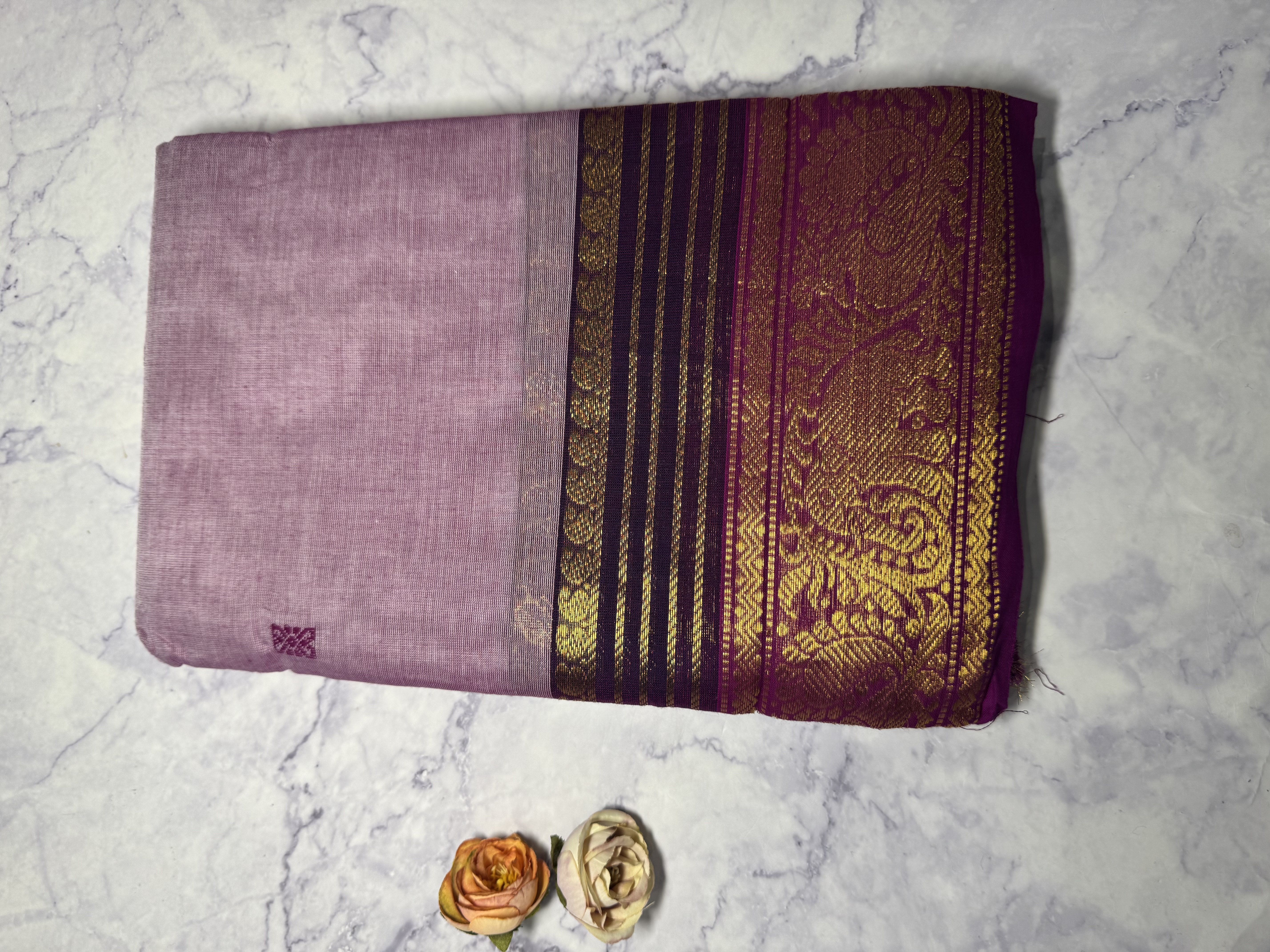 Lavender cotton saree with striped purple border