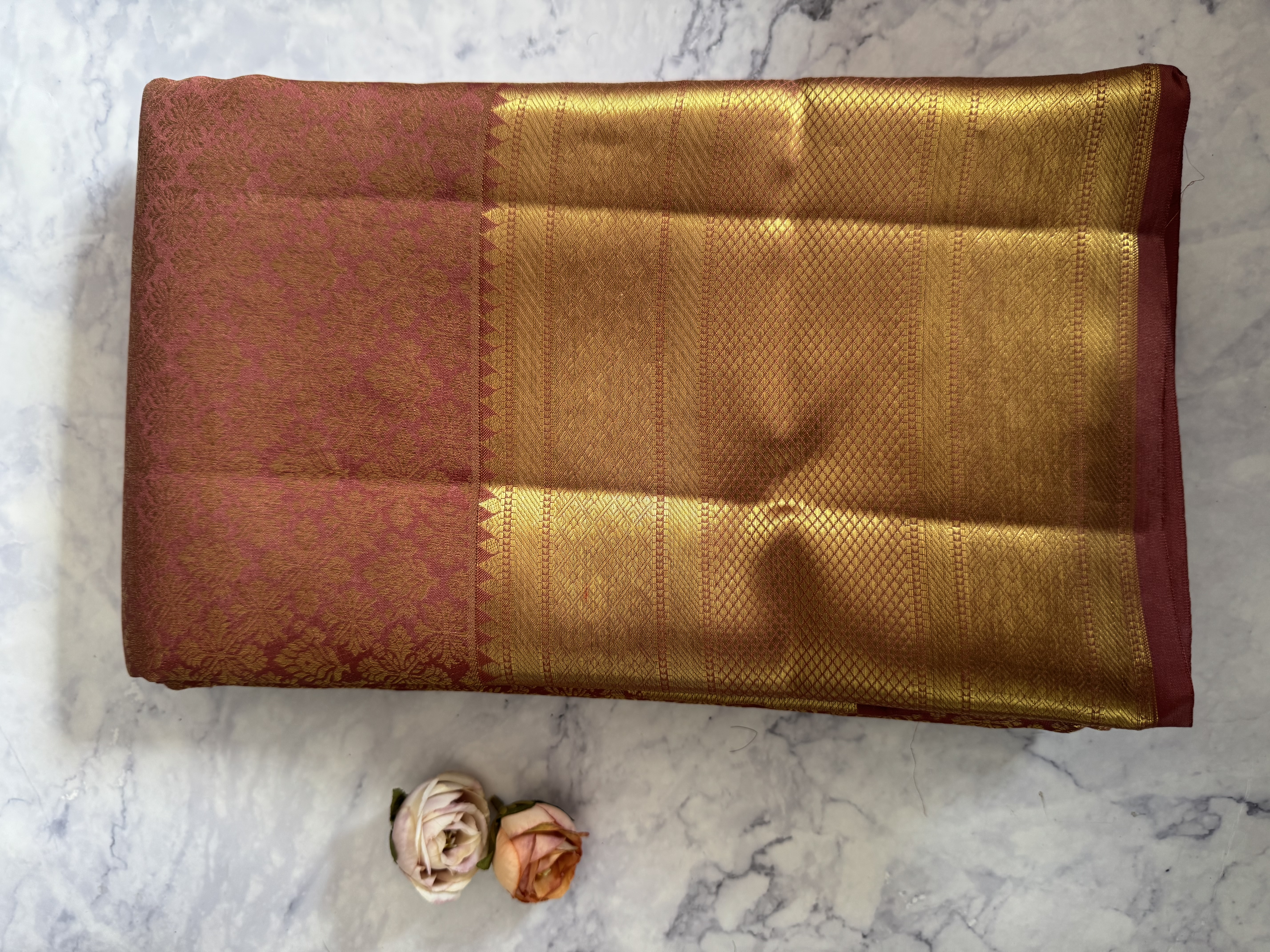 Rust pure silk with heavy gold zari 