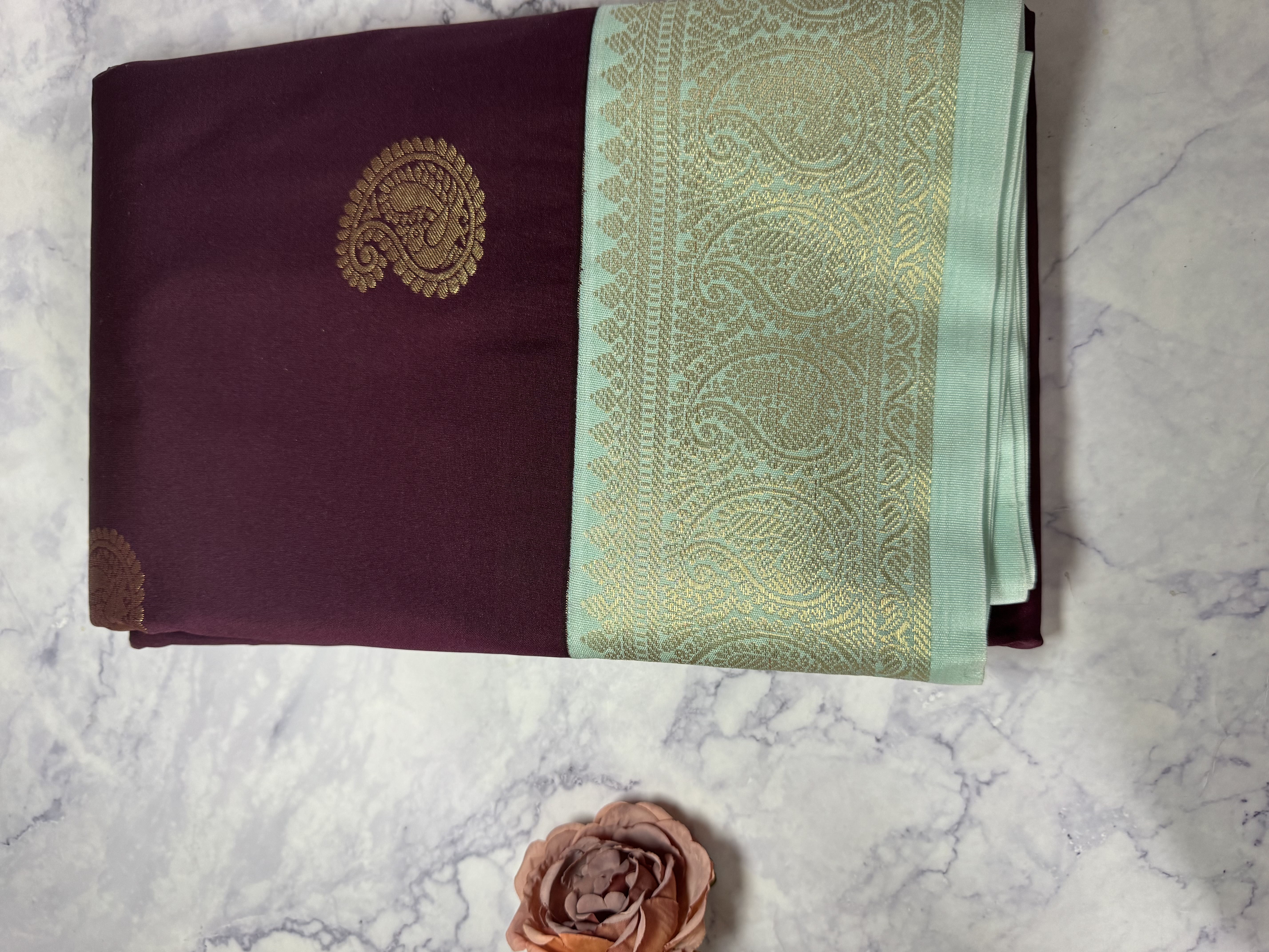 Maroon semi silk saree with aqua blue blouse