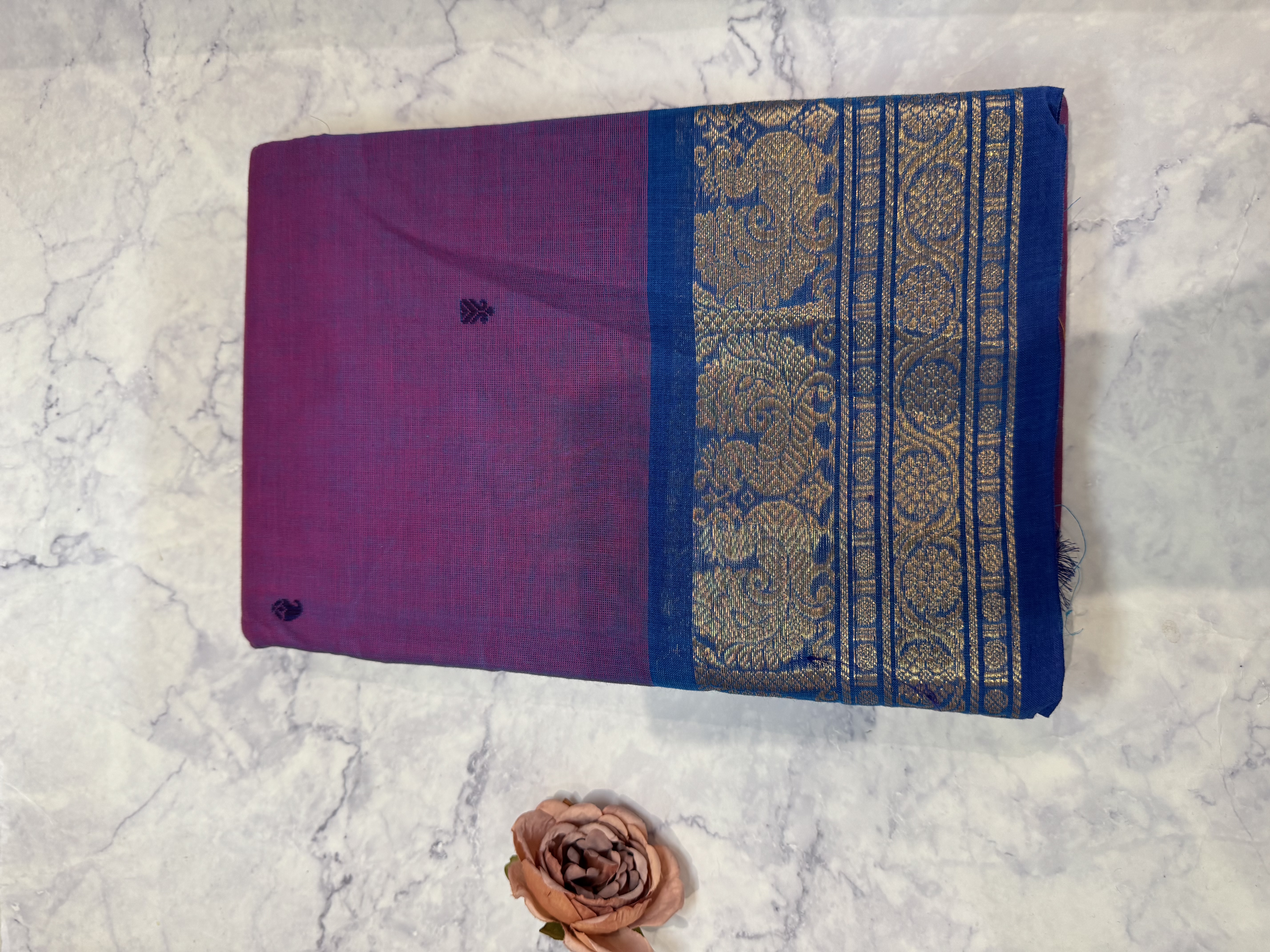 Dual tone purple cotton saree with blue border