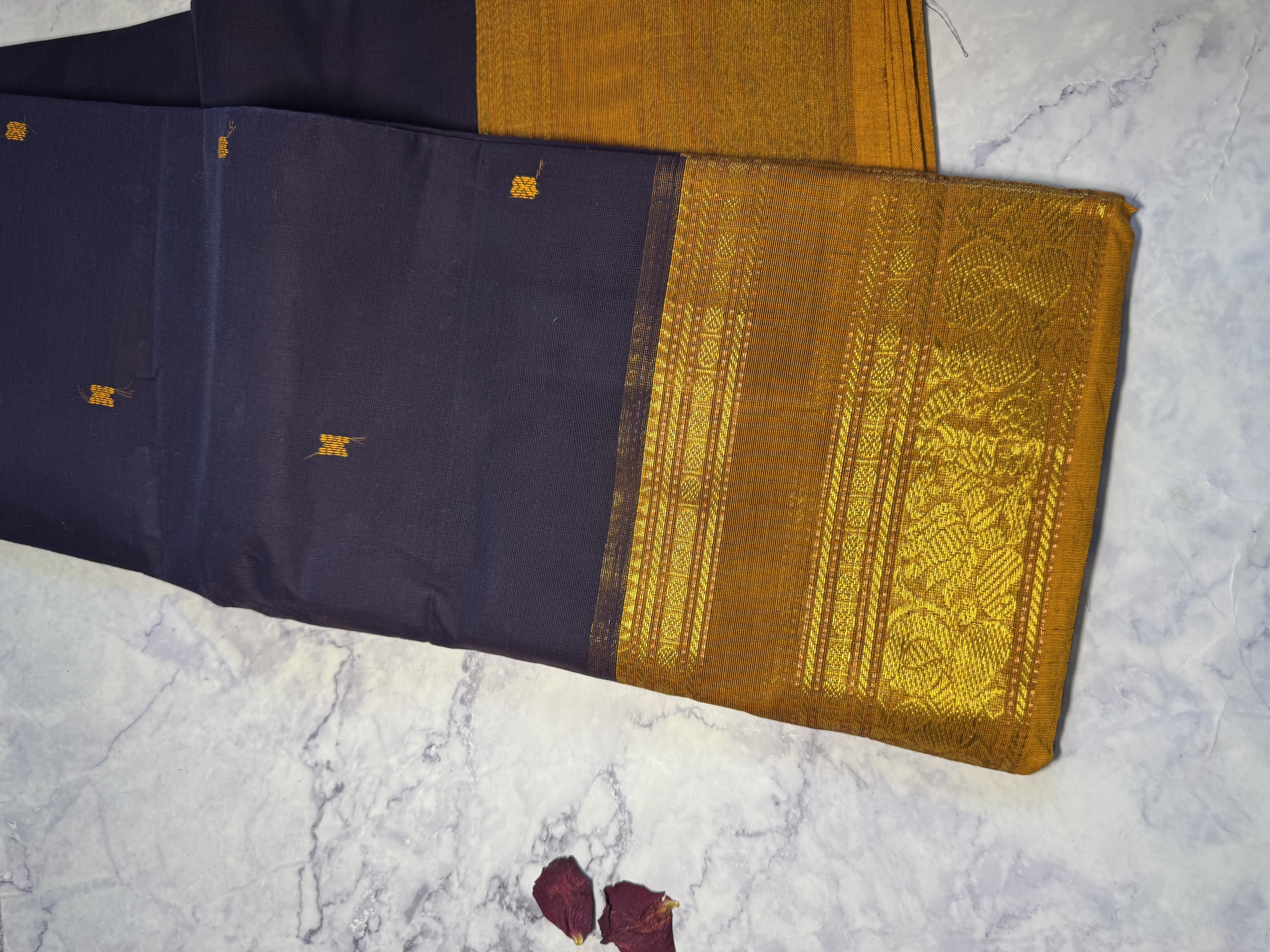 Navy blue cotton saree with yellow border