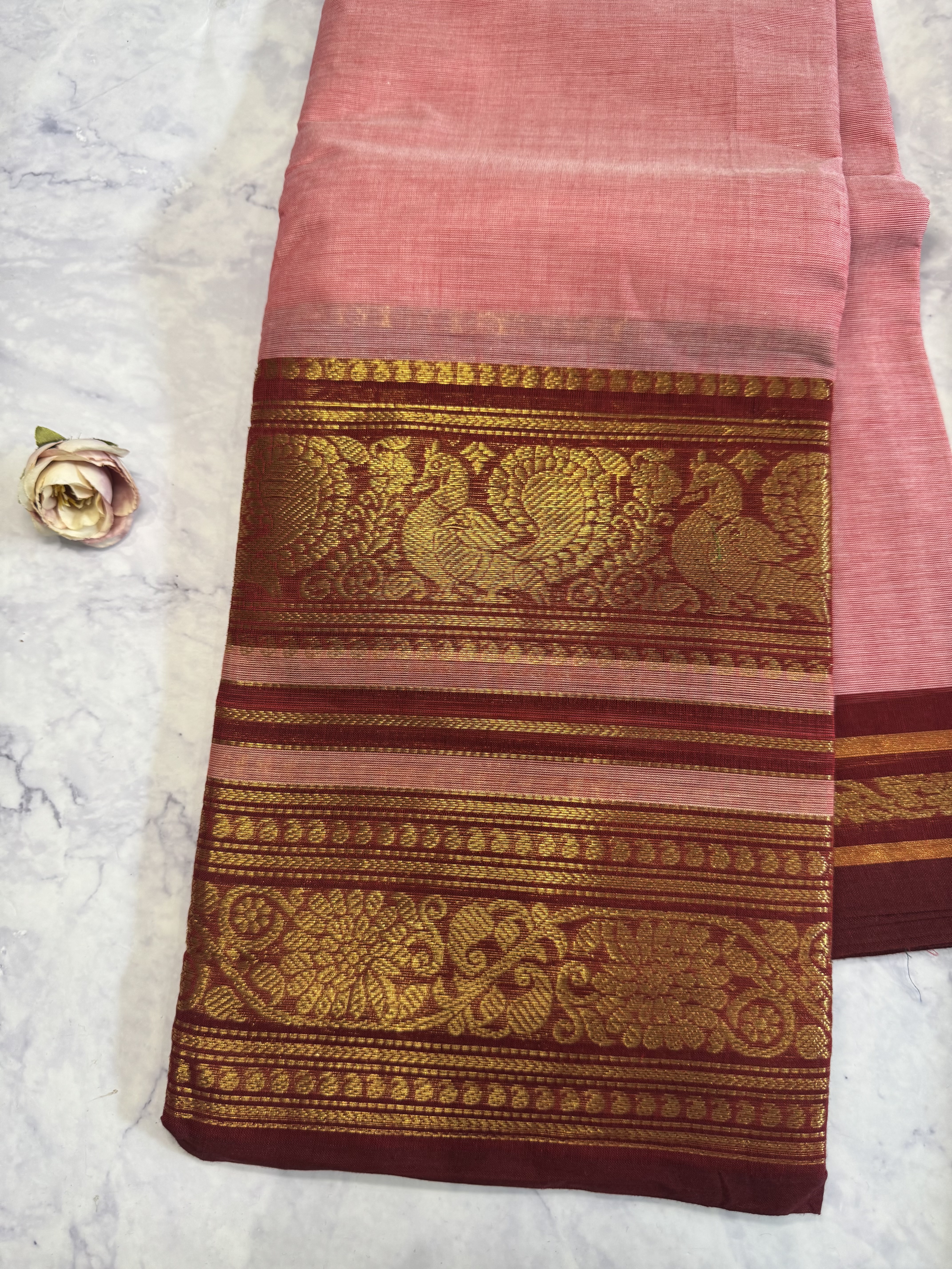 Baby pink cotton saree with red classic border