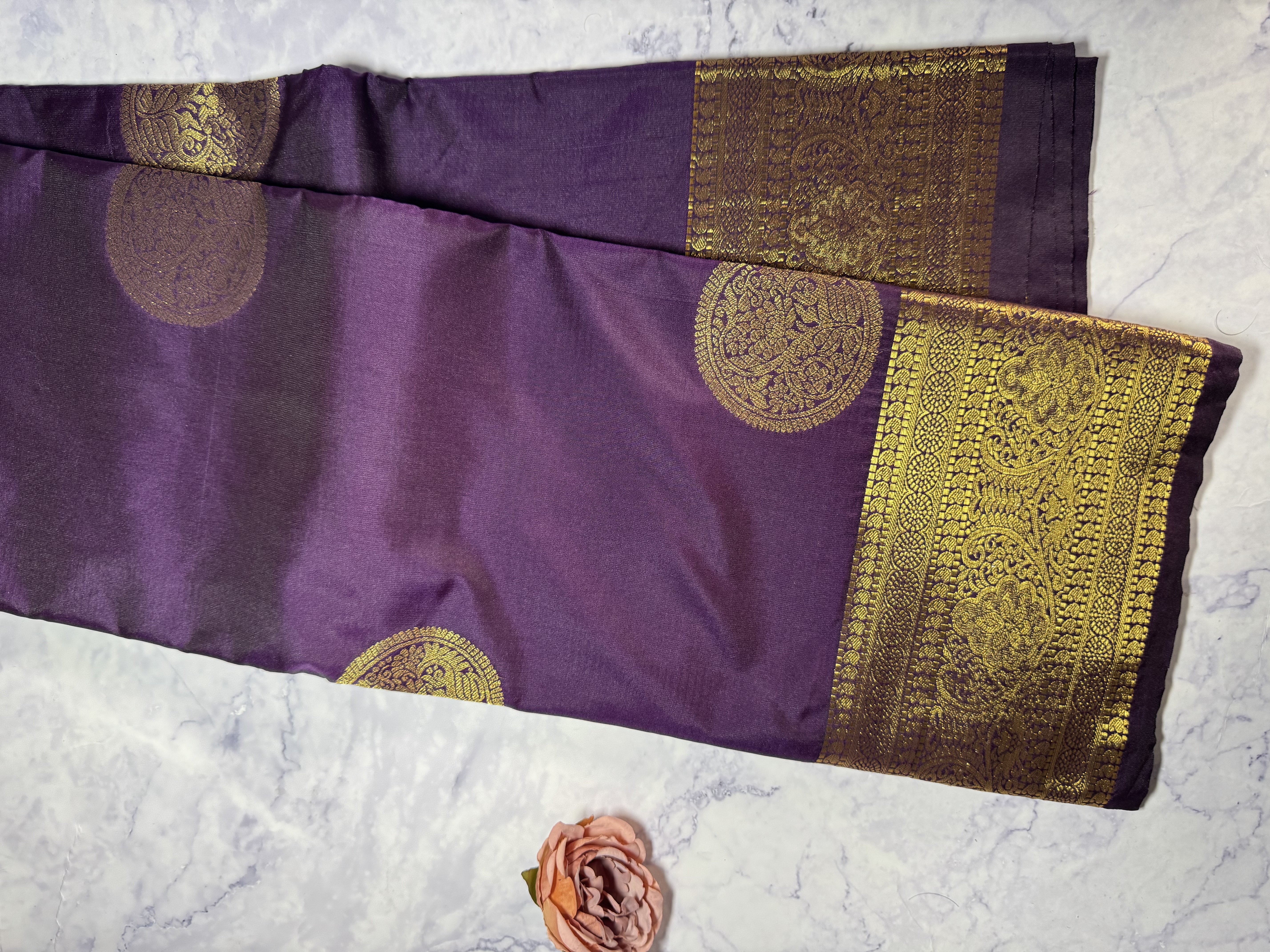Plum purple semi silk saree with gold butta 