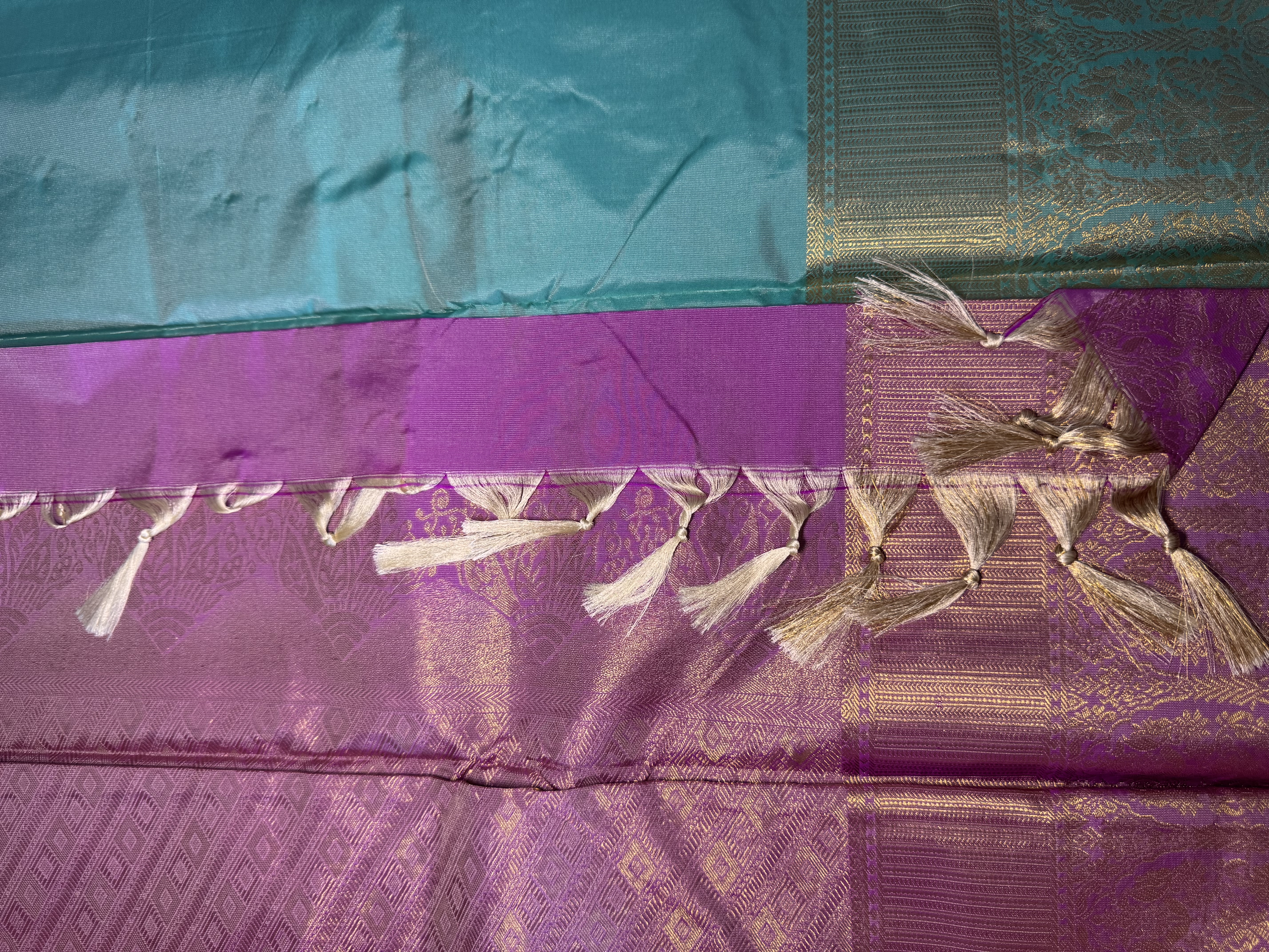 Onion pink semi silk with aqua blue blouse
