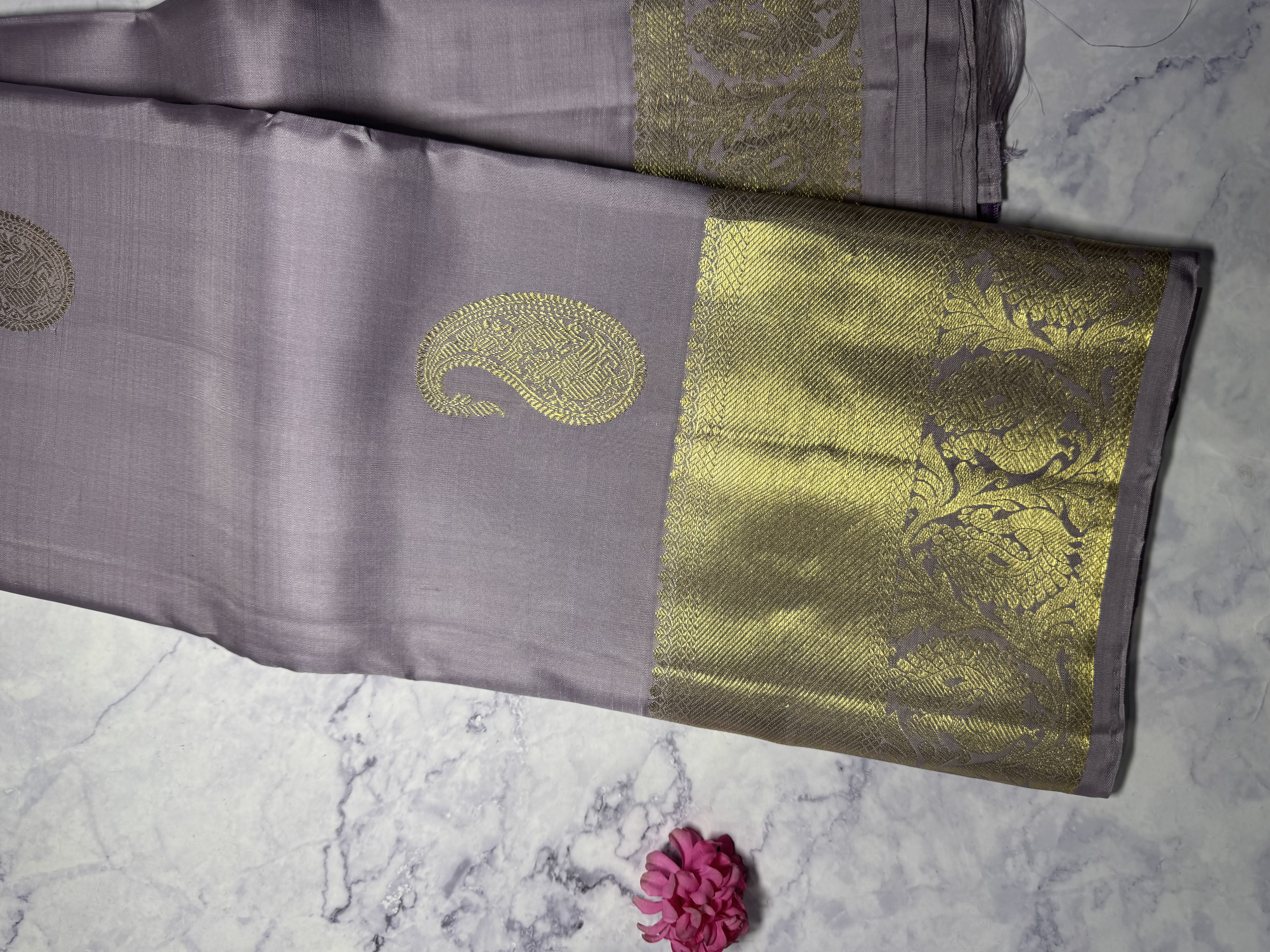 Muted lavender pure silk saree gold zari