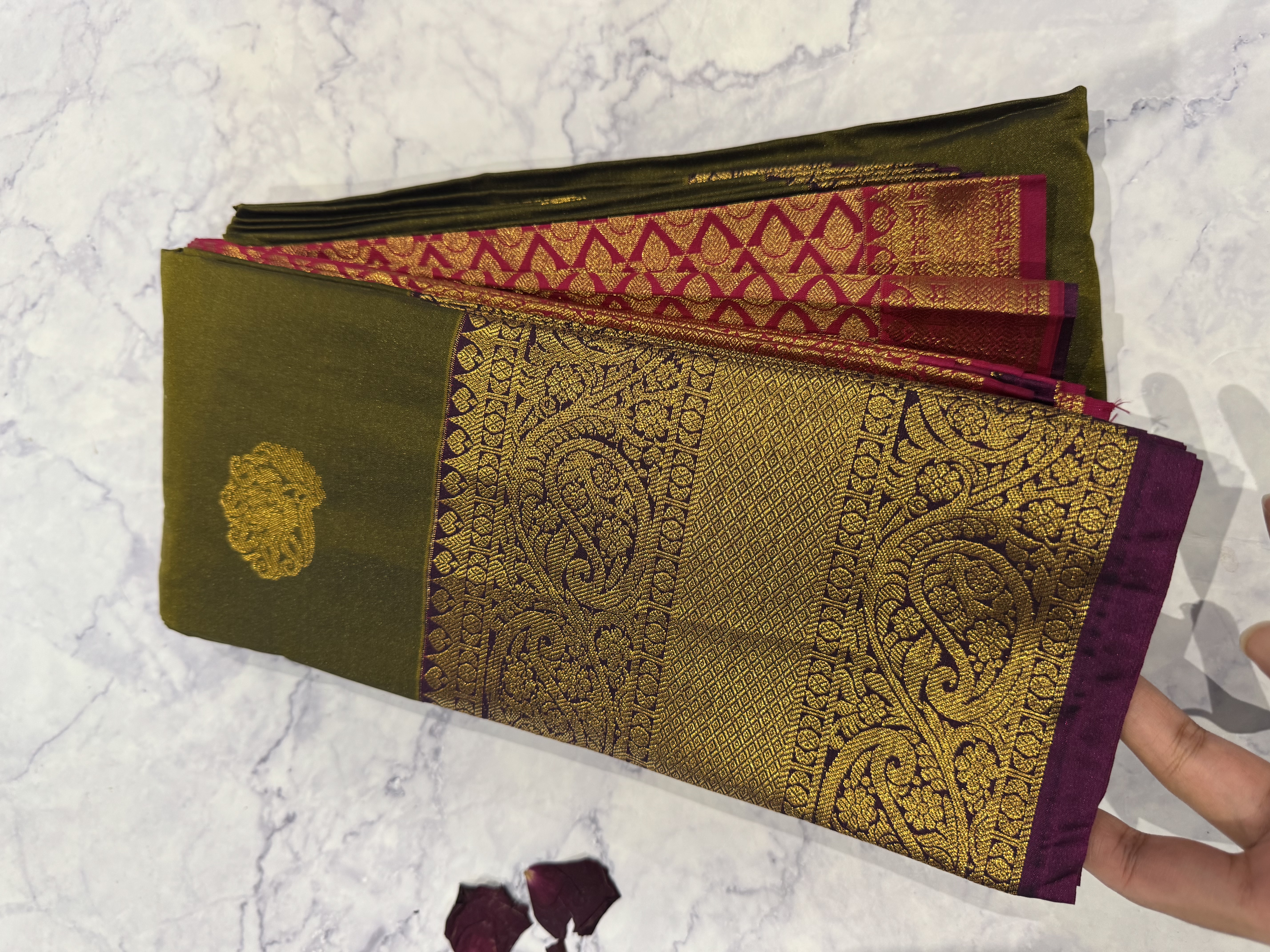 Mehendi green semi silk saree with pink blouse