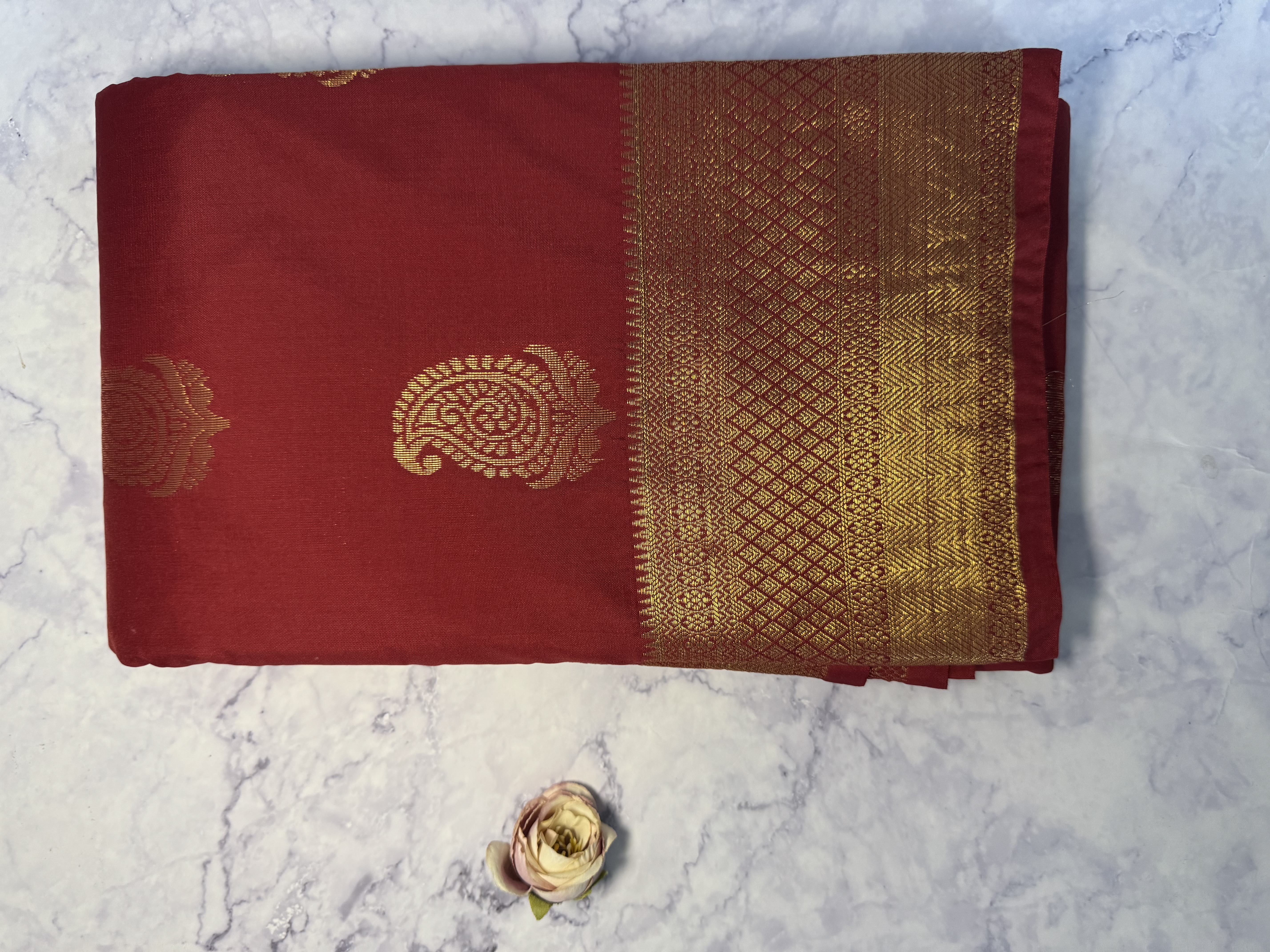 Crimson red semi silk saree with gold zari