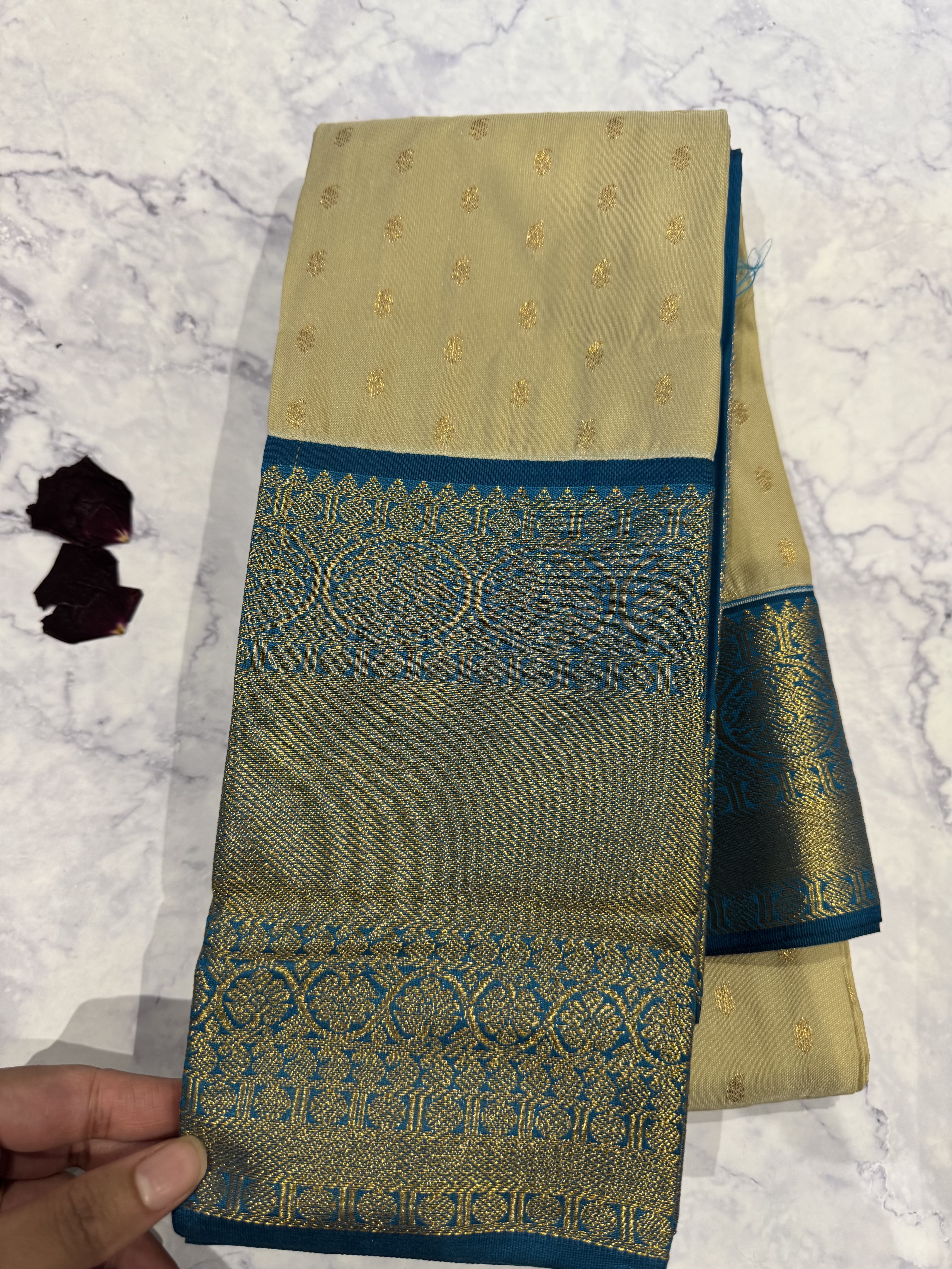 Sandal semi silk saree with blue border