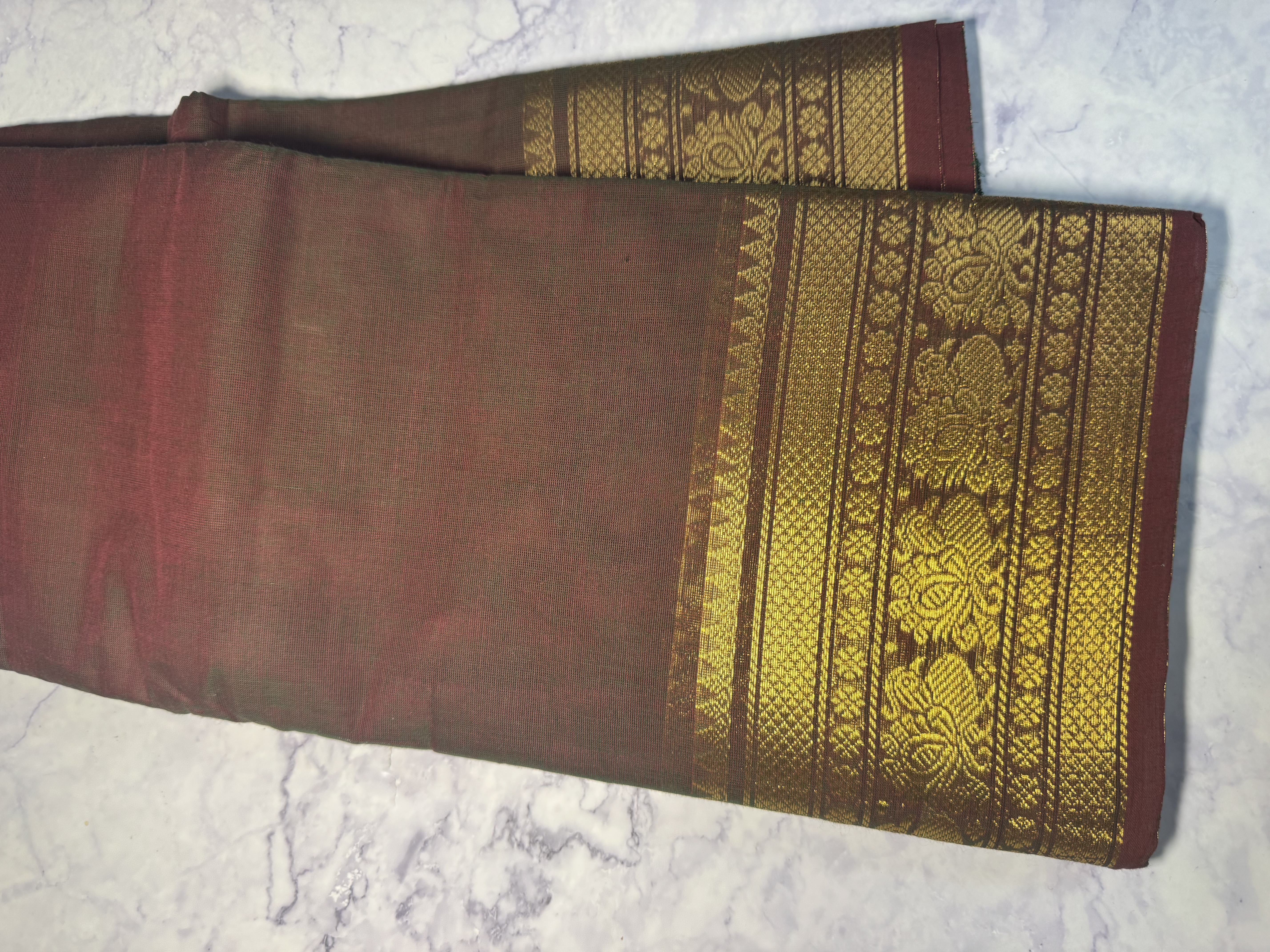 Dark maroon saree with green dual tone cotton