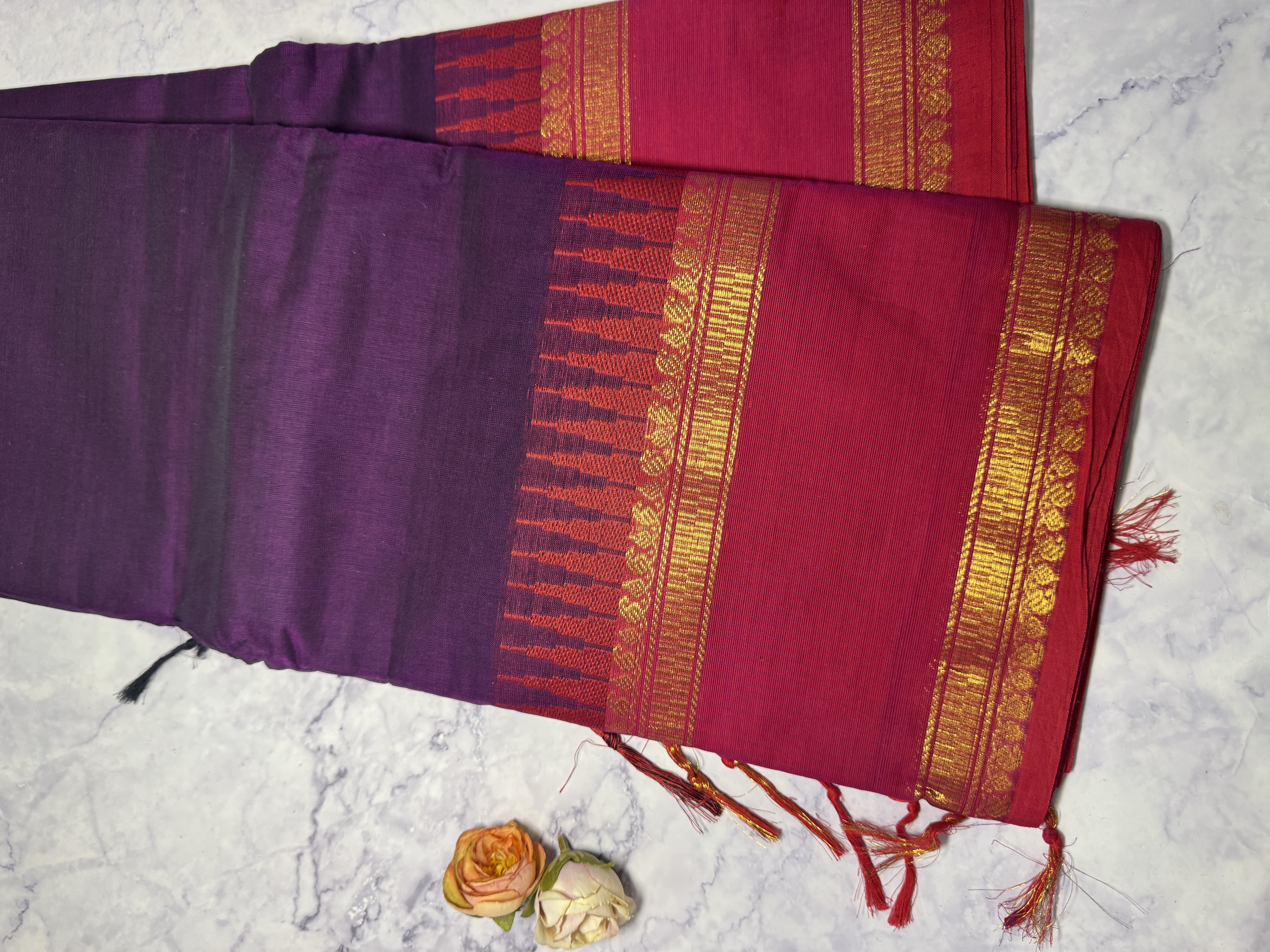 Purple cotton saree with red gap border