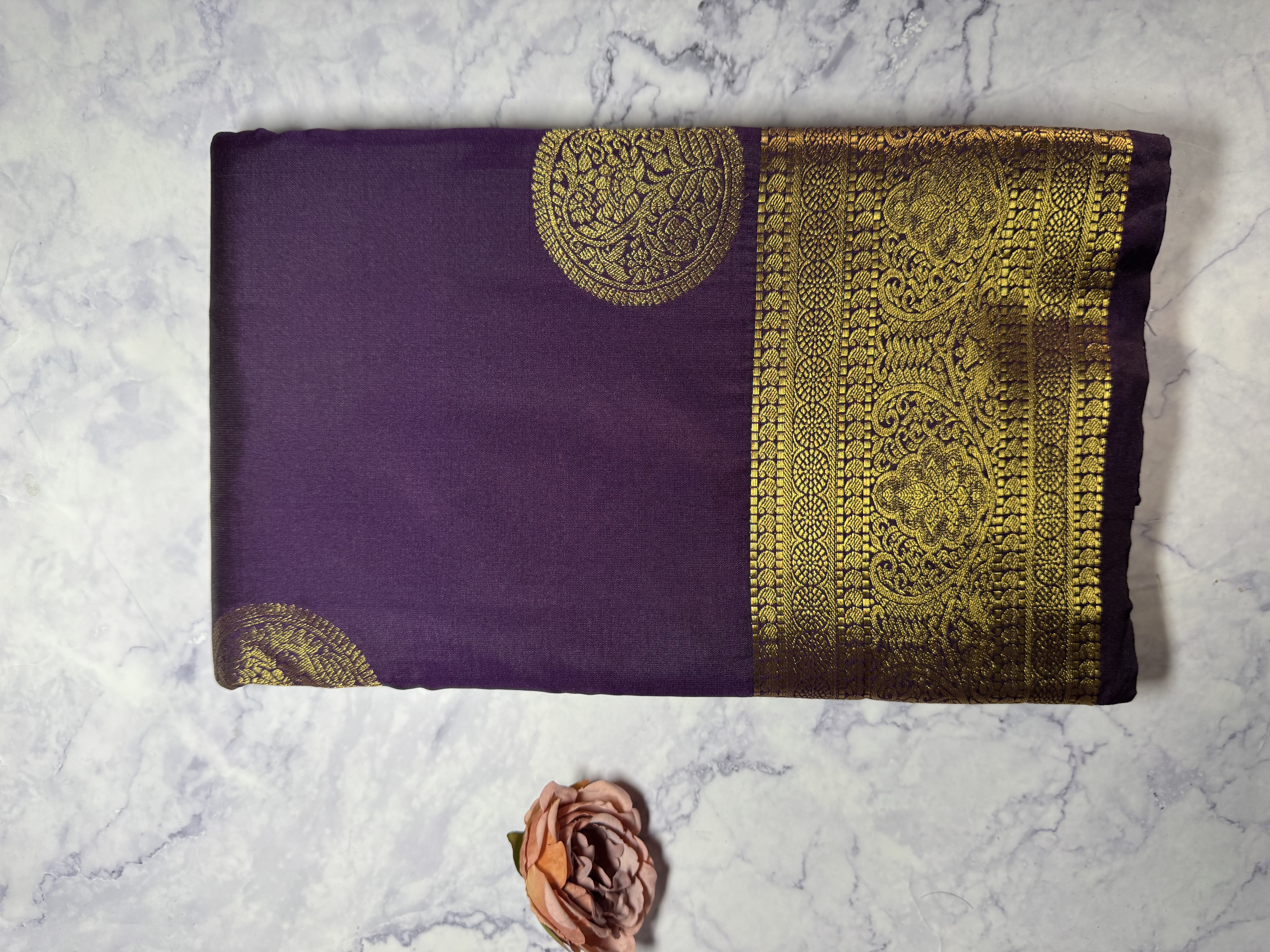 Plum purple semi silk saree with gold butta 