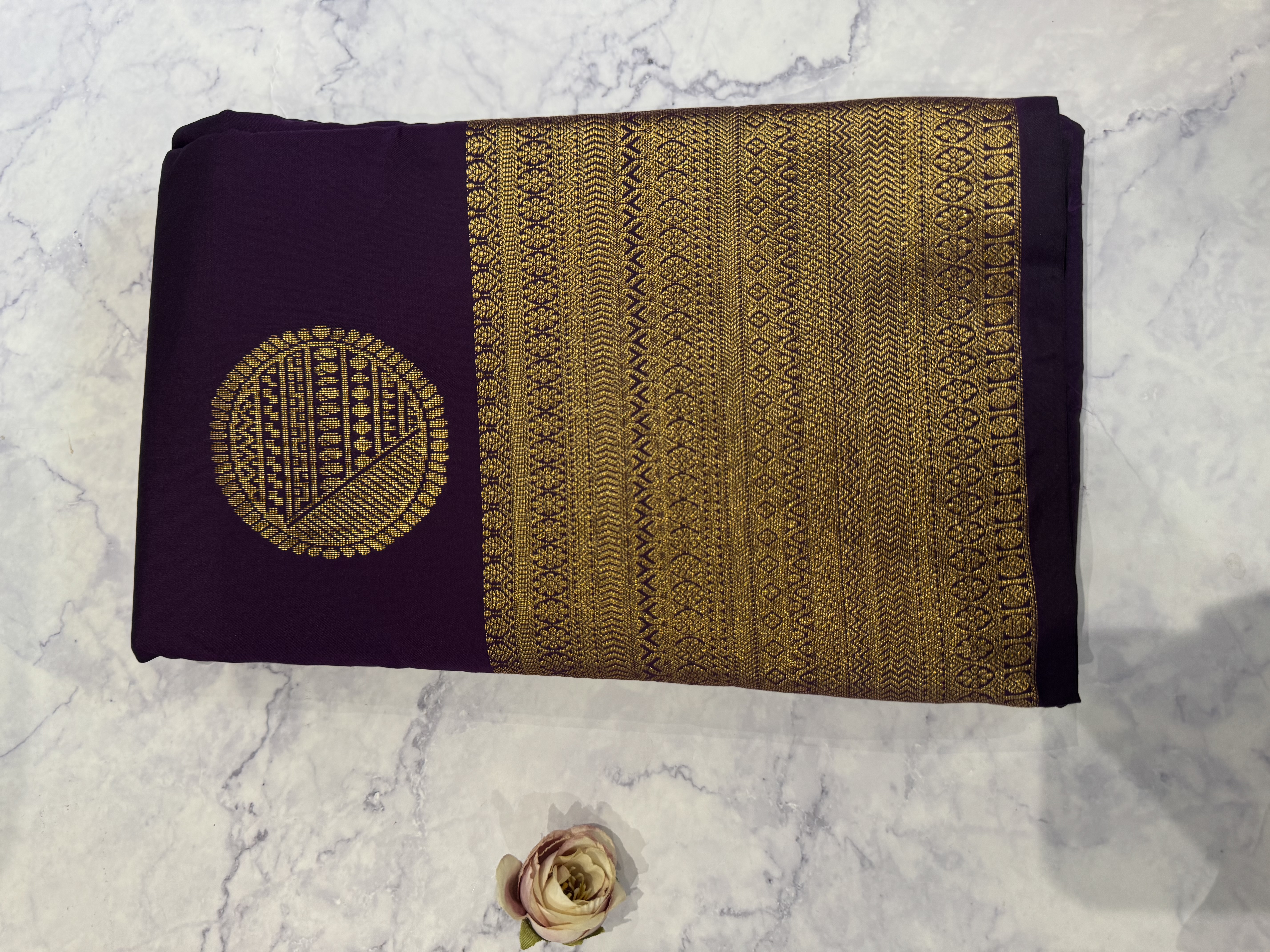 Dark purple semi silk saree with gold buttas