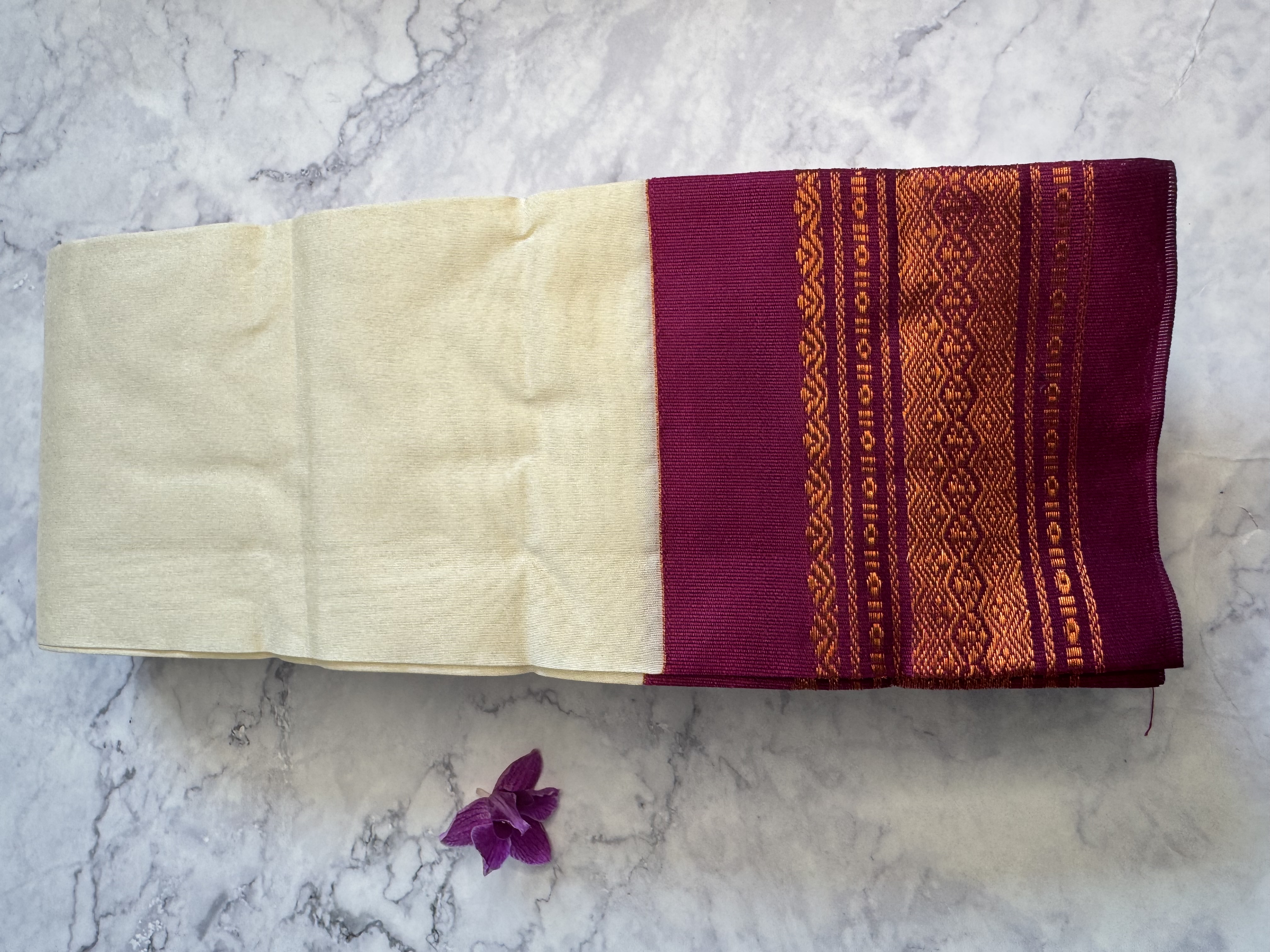 White cotton saree with purple border