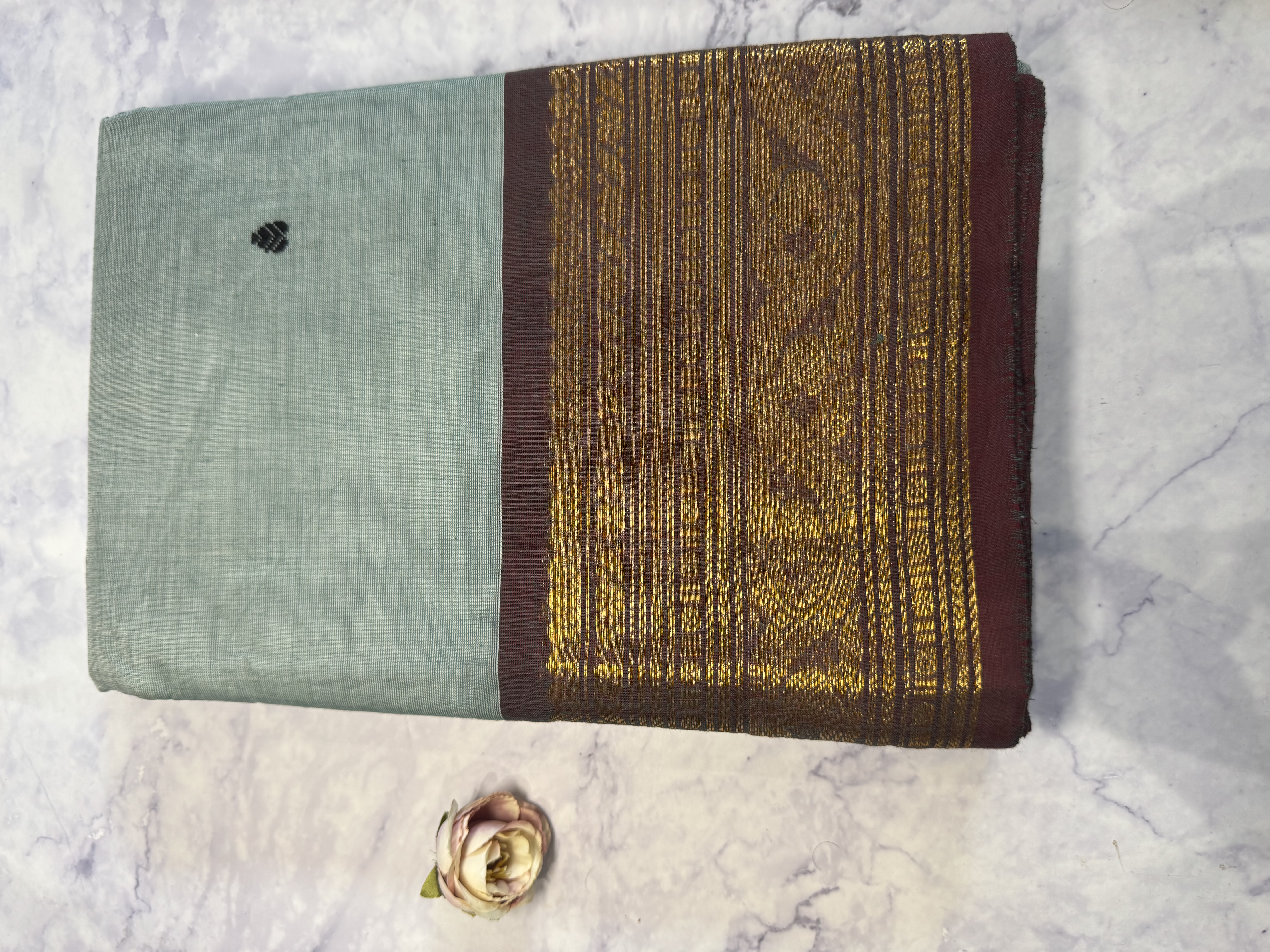 Blue grey cotton saree with brown border