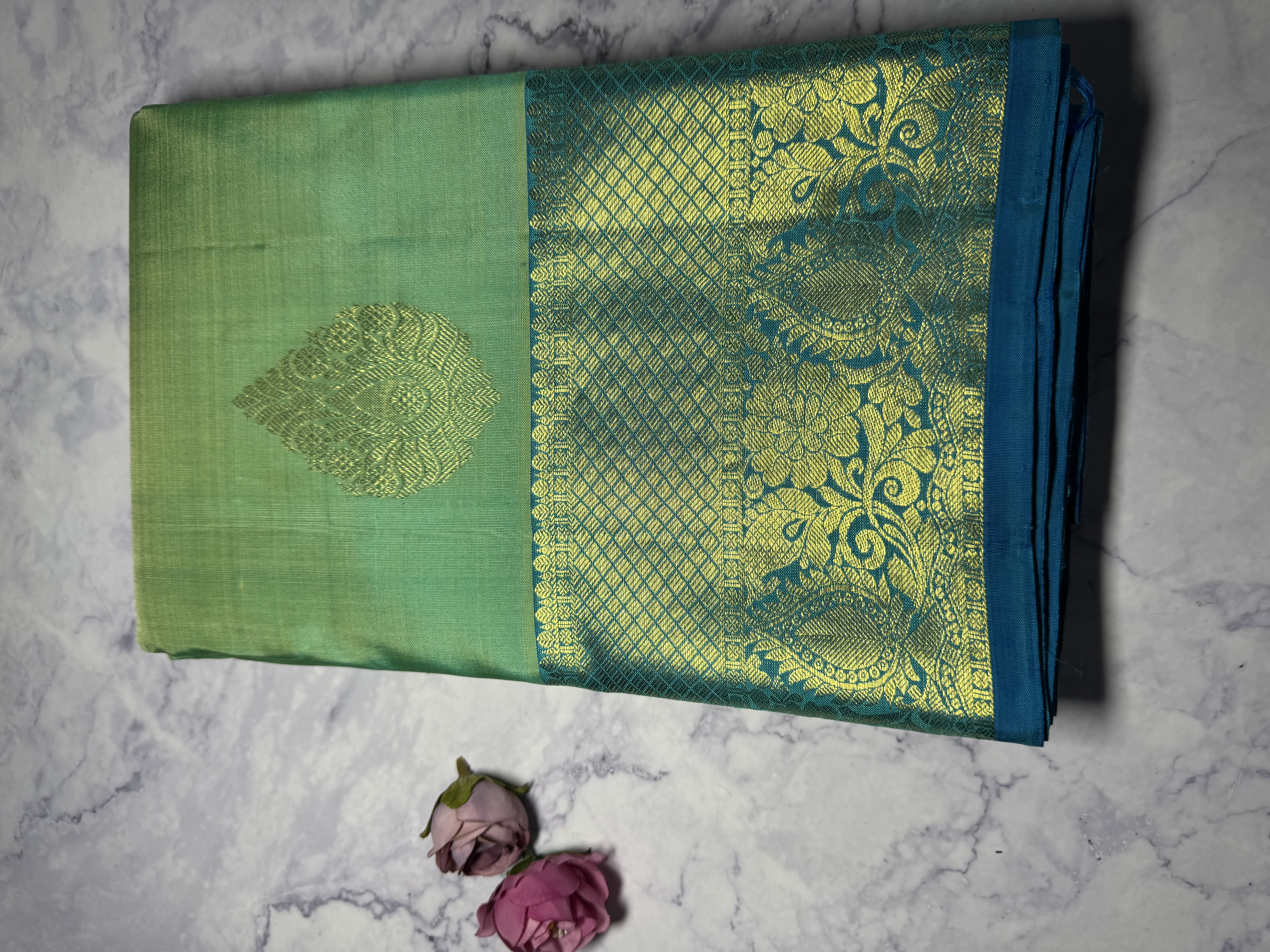 Blue/green dual tone pure silk saree 